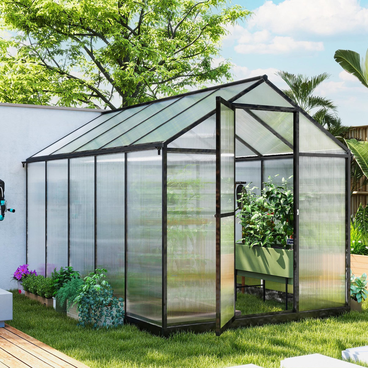 OUTSUNNY Serre de jardin alu polycarbonate 5,5 m² dim. 3,03x1,83x1,95m fondation lucarne porte loquet anthracite