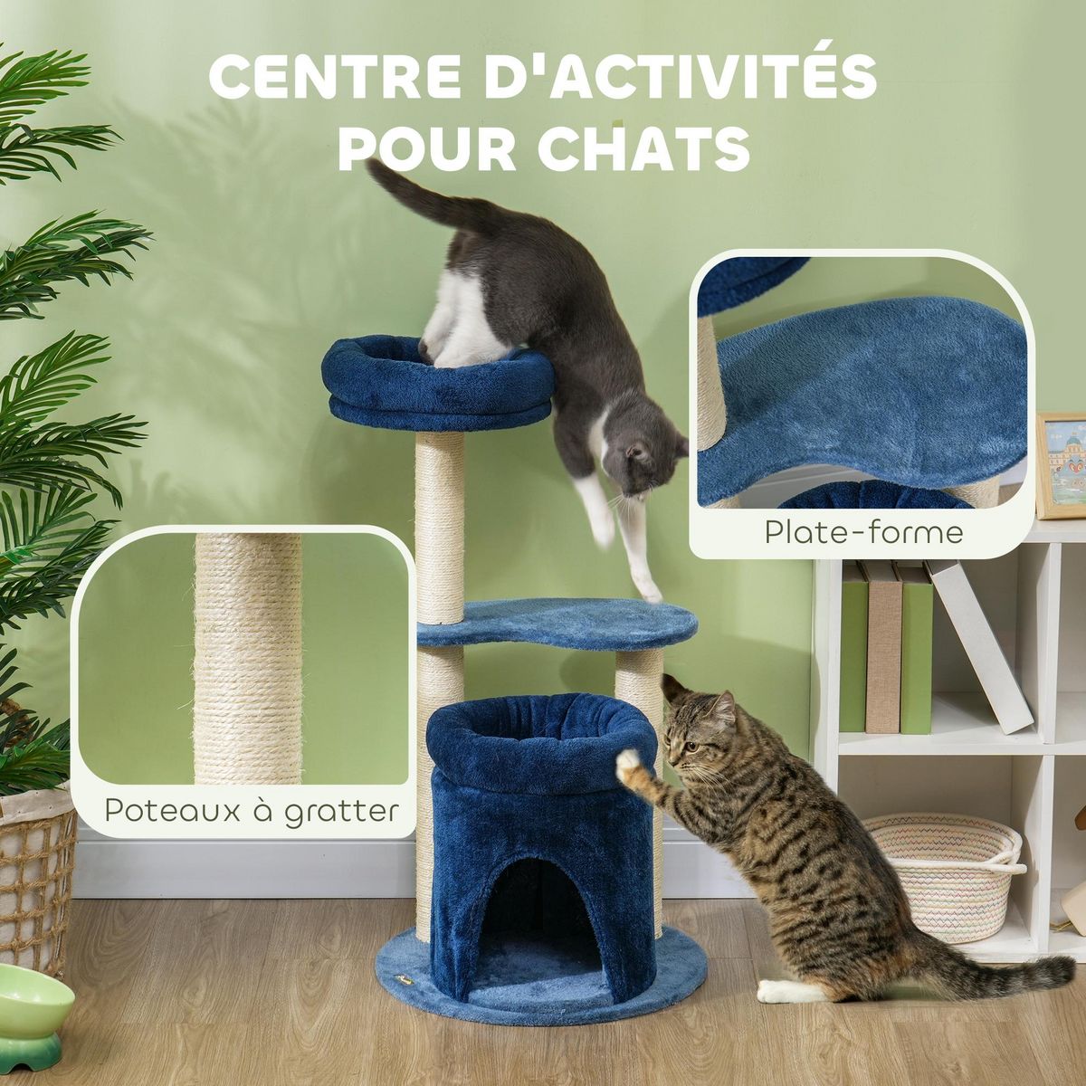 PAWHUT Arbre à chat design - niche, 2 plateformes, 2 coussins, griffoirs - peluche bleu roi
