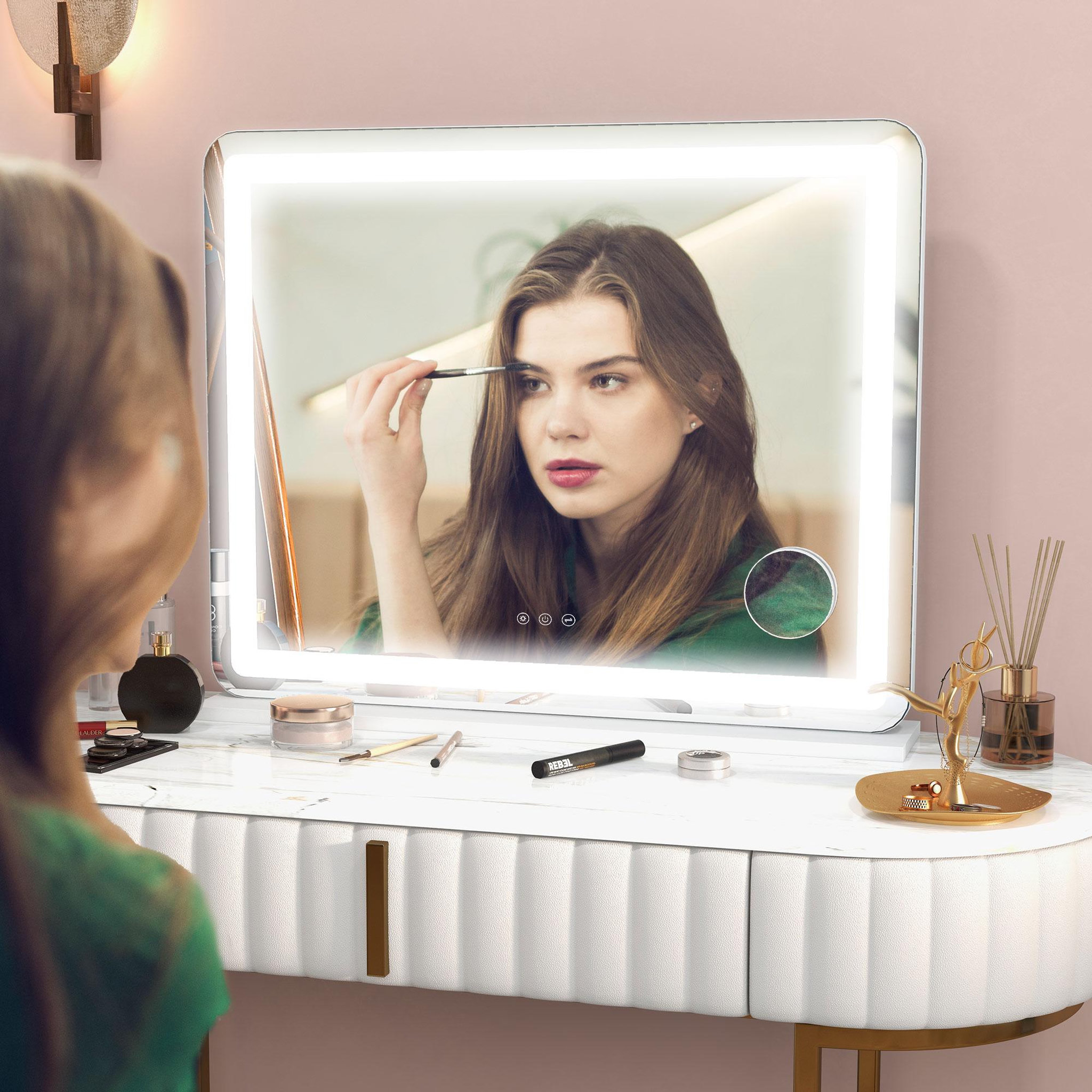 Voir la diapositive 2 : HOMCOM Miroir lumineux led tactile intensité 3 modes d'éclairage grossissement 10x charge usb
