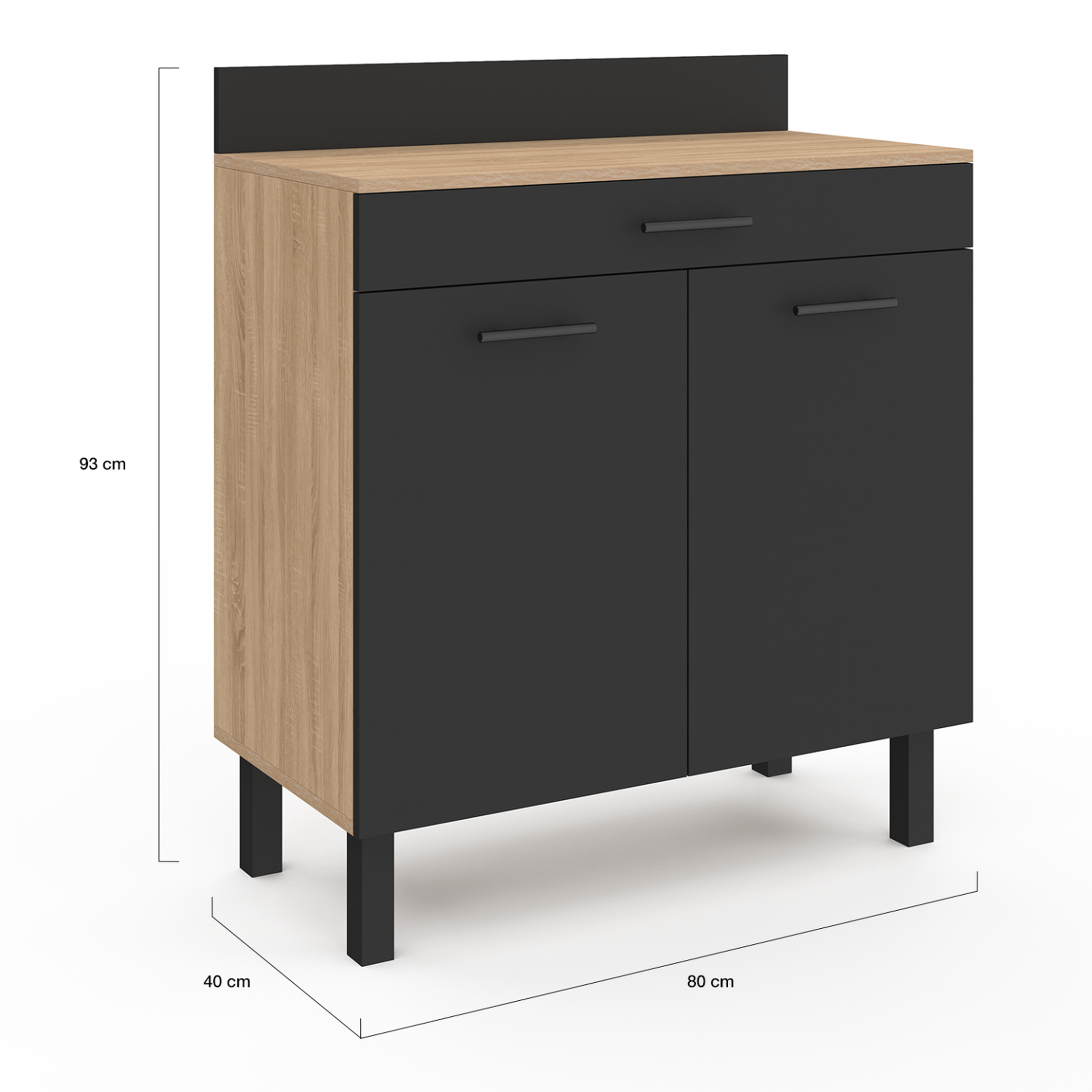Voir la diapositive 5 : ID MARKET Buffet bas de cuisine 80 cm cina plan de travail h.83 cm 2 portes + tiroir façon hêtre et noir