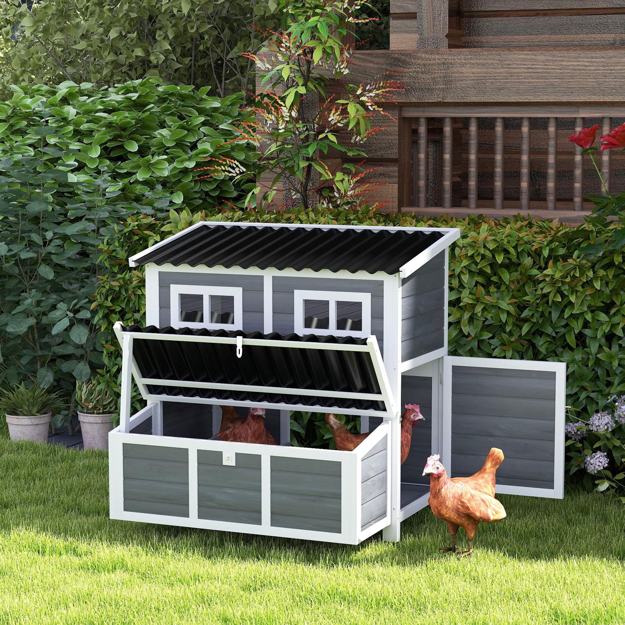 Voir la diapositive 6 : PAWHUT Poulailler cottage en bois 3 pondoirs toit ouvrant porte 2 fenêtres plateau déjection 100x86x100cm gris blanc noir