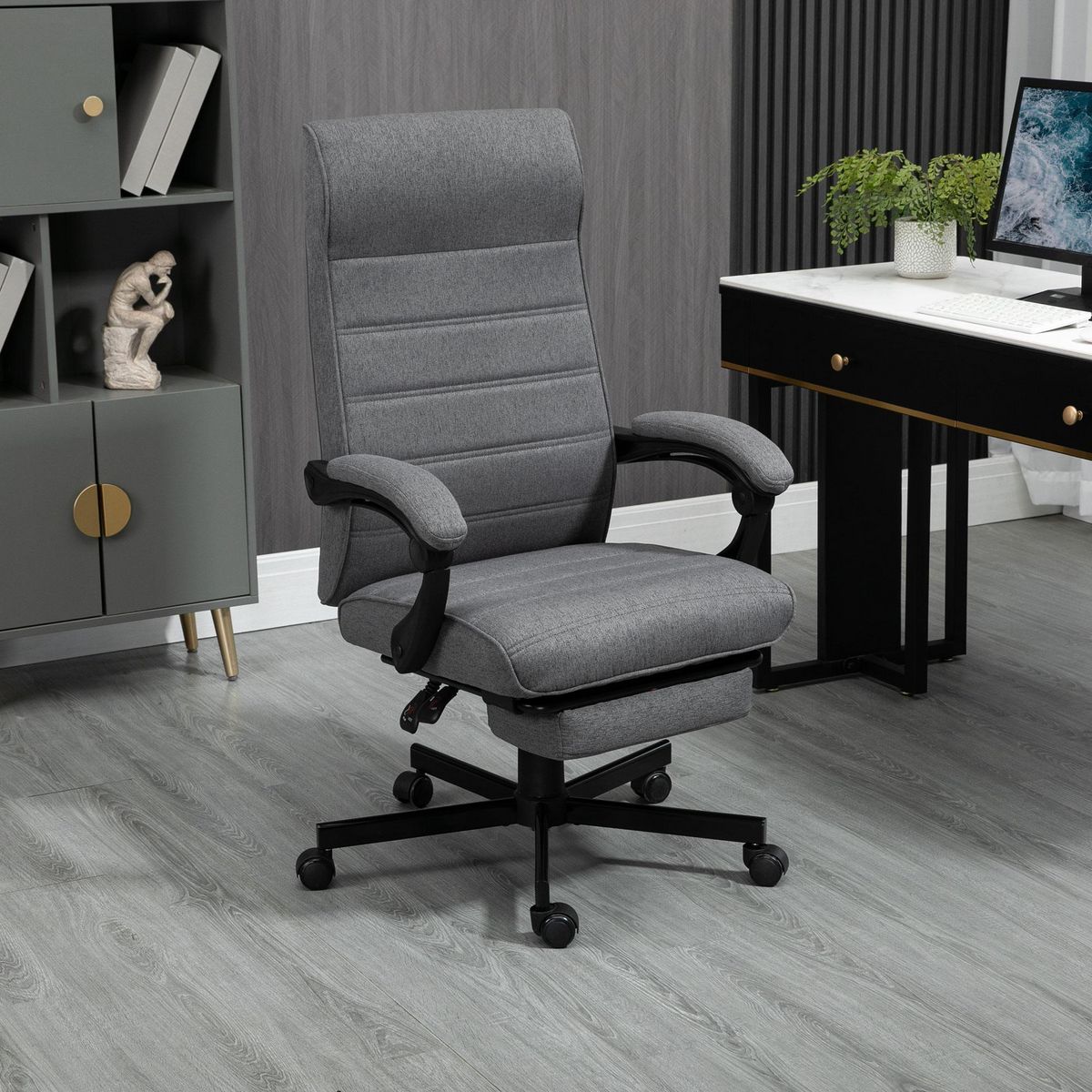 VINSETTO Chaise de bureau manager ergonomique inclinable réglable repose-pied rétractable tissu gris