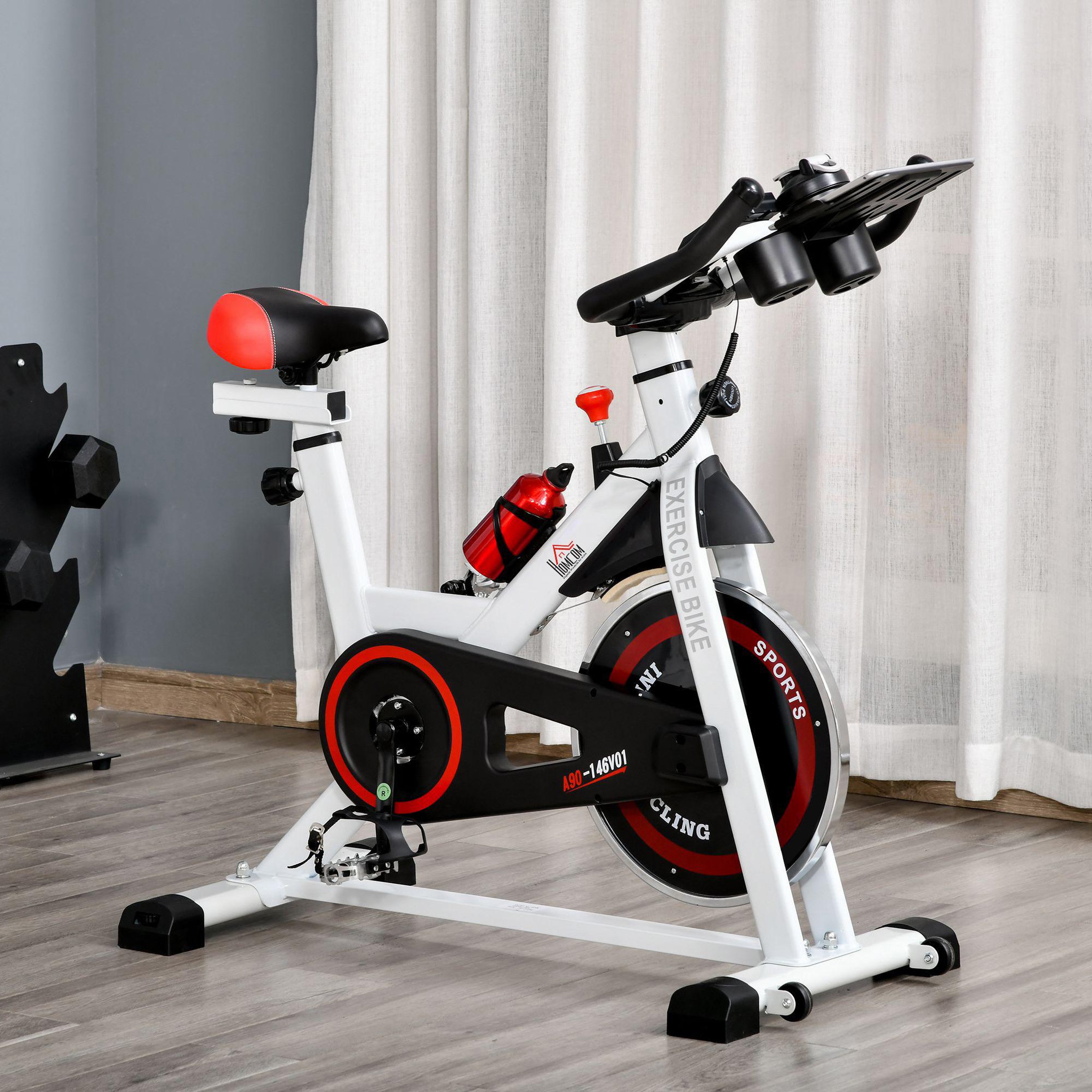 Voir la diapositive 2 : HOMCOM Vélo d'appartement avec écran LCD multifonction vélo biking cardio-training selle et guidon réglables volant inertie 8 Kg acier blanc