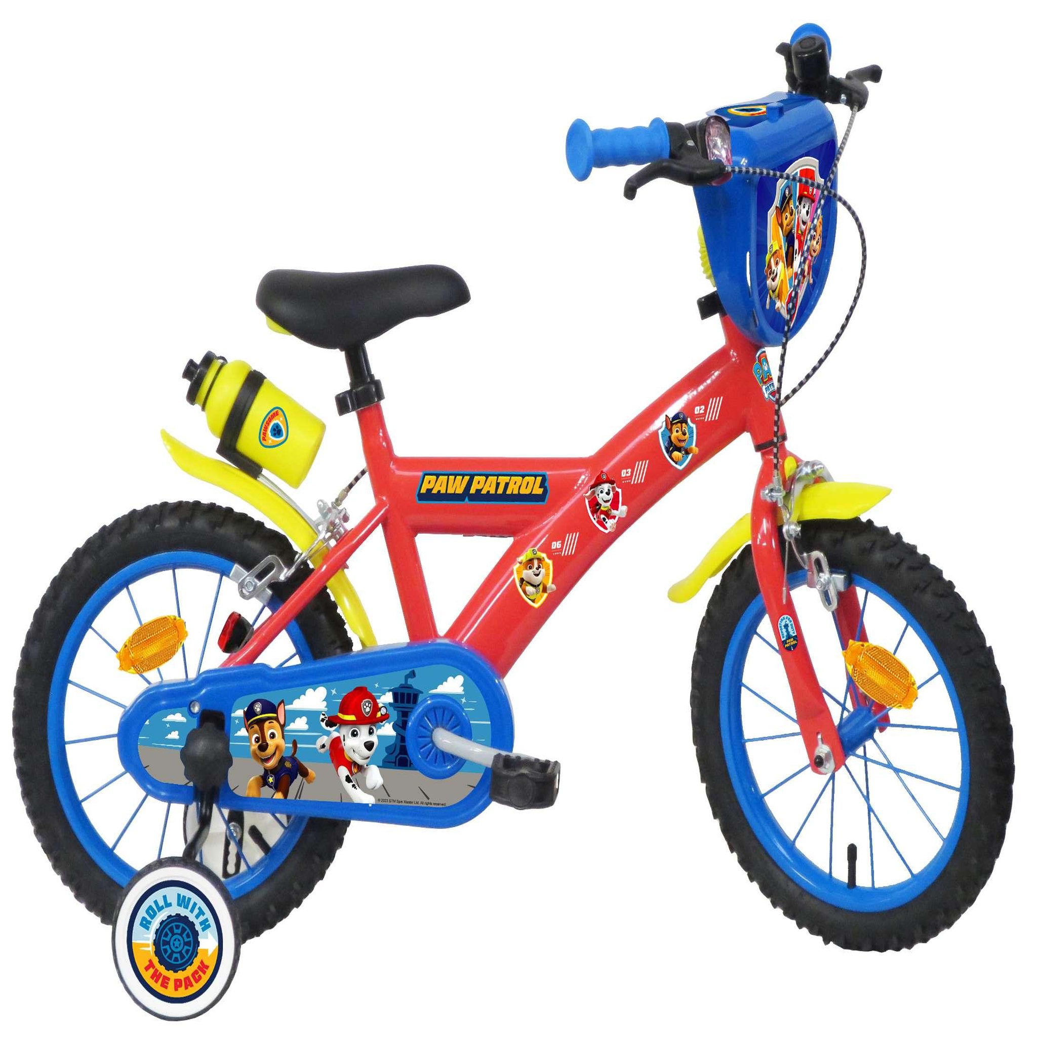 Nickelodeon Vélo enfant 14'' - Modèle Pat Patrouille pour enfant de taille 95à 110 cm avec stabilisateurs - 2 freins - Plaque décorative avant - Porte bidon & pneus gonflables
