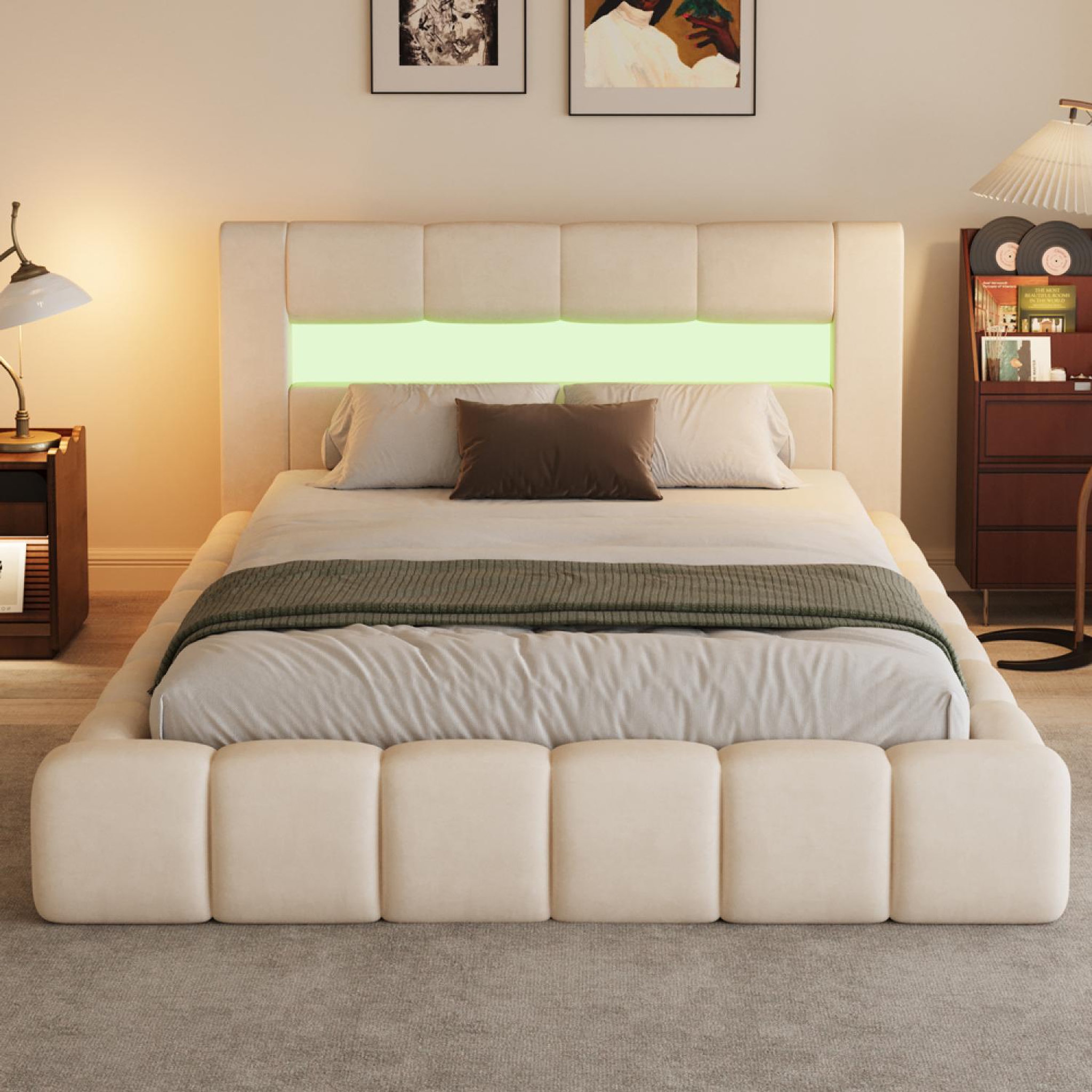 Voir la diapositive 4 : CONCEPT USINE Lit coffre led style nuage 180x200cm en velours beige avec tête de lit et sommier omaha