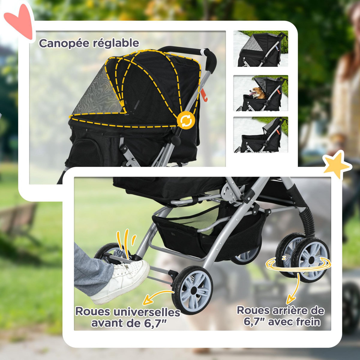 PAWHUT Poussette buggy pliable chien chat panier et sac de rangement attaches sécurité housse réglable poignée réversible acier Oxford noir