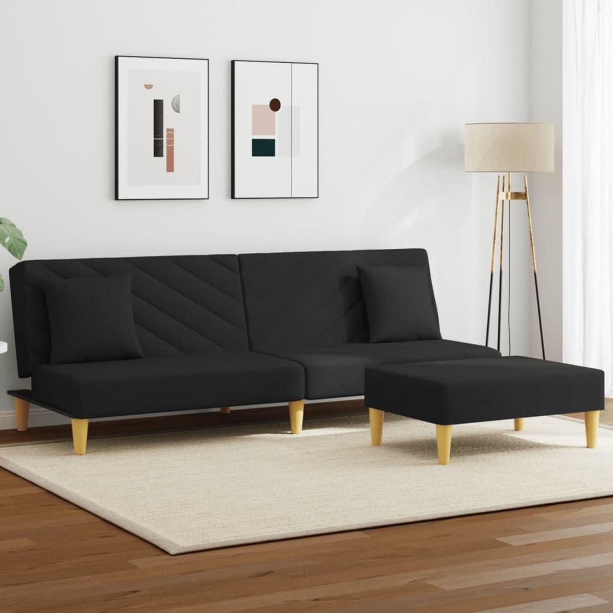 VIDAXL Canape-lit a 2 places et oreillers et repose-pied noir tissu