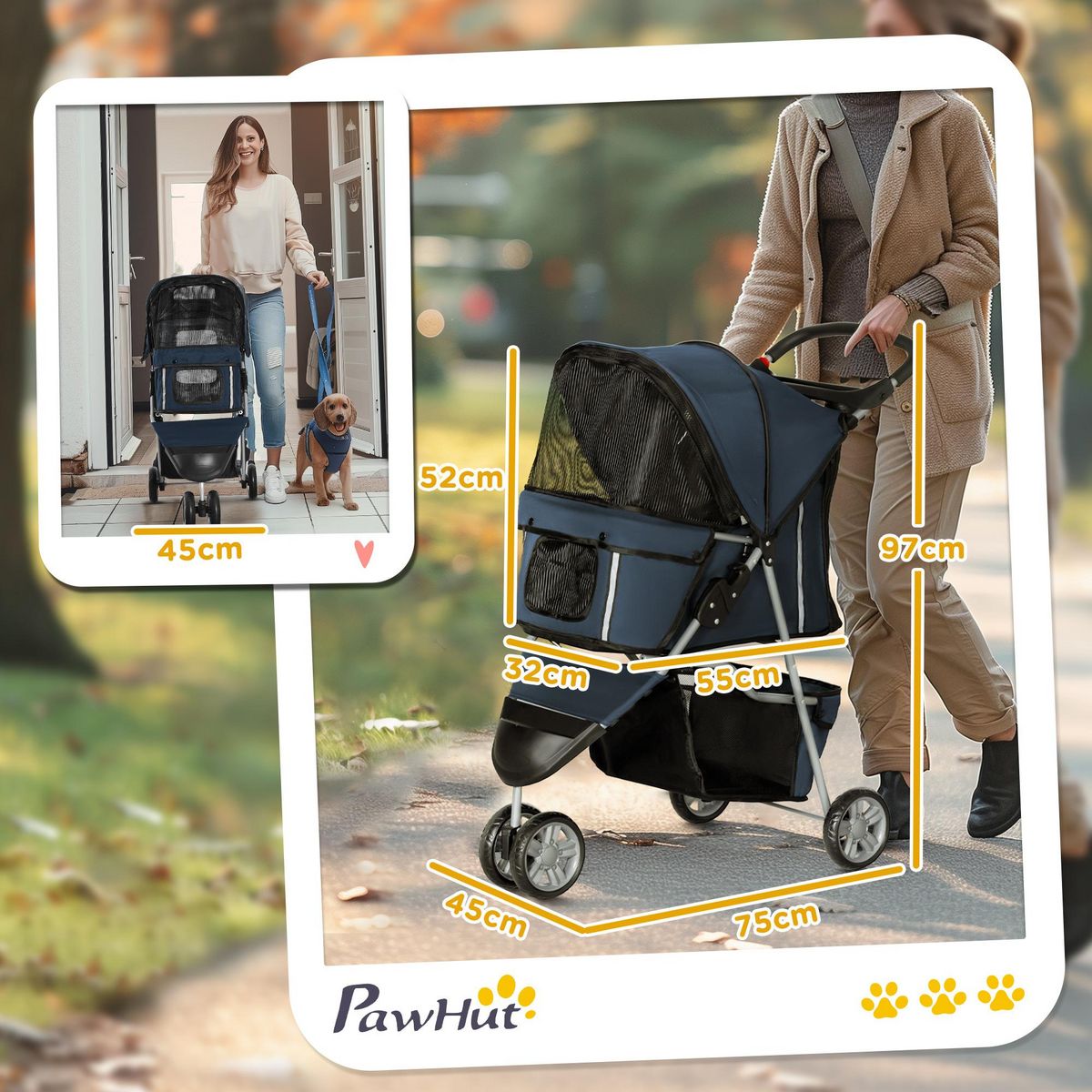 PAWHUT Poussette buggy pliable chien chat - porte-gobelet, panier rangement intégré - acier oxford bleu marine