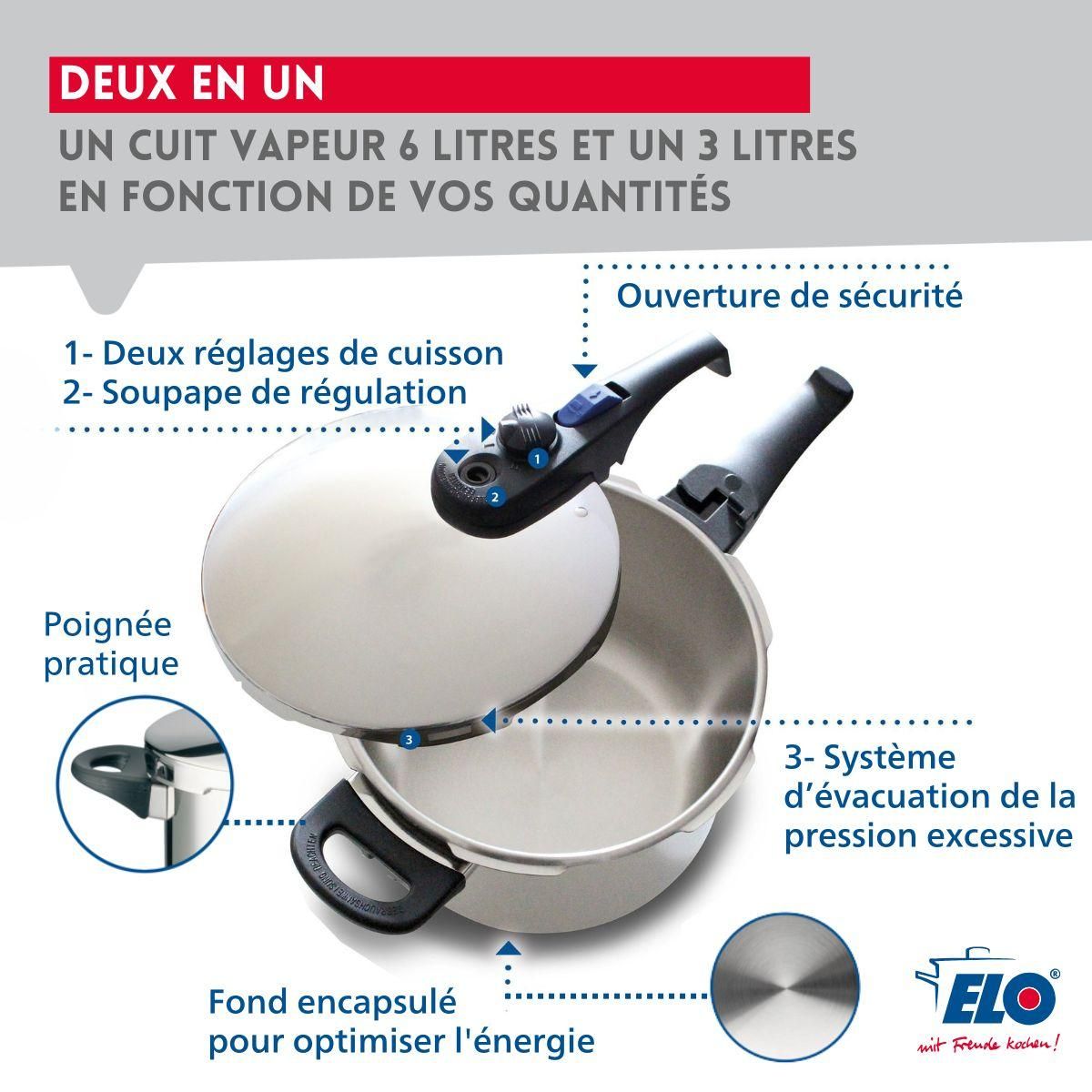 ELO Autocuiseur vapeur en acier inoxydable 18/10 22 cm 4 litres Elo Praktika