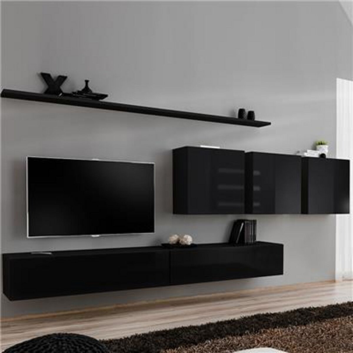 KASALINEA Meuble télé suspendu noir ANSELMO 4-L 340 x P 40 x H 150 cm- Noir