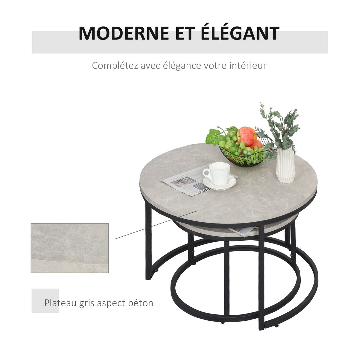 HOMCOM Lot de 2 tables basses rondes gigogne empilables plateau MDF gris et pieds en métal noir