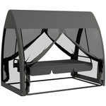 OUTSUNNY Balancelle de jardin convertible 3 places - matelas assise dossier, moustiquaire intégrale, toit - métal polyester gris
