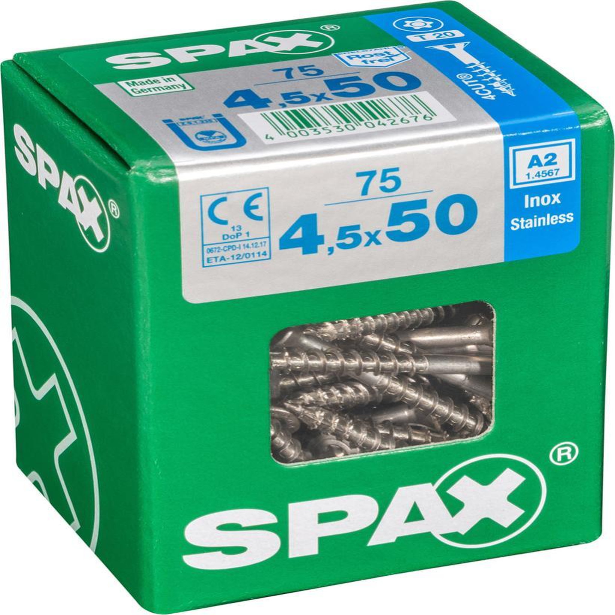 CENTRALE BRICO Lot de 75 vis inox tête fraisée torx SPAX, Diam.4.5 mm x L.50 mm