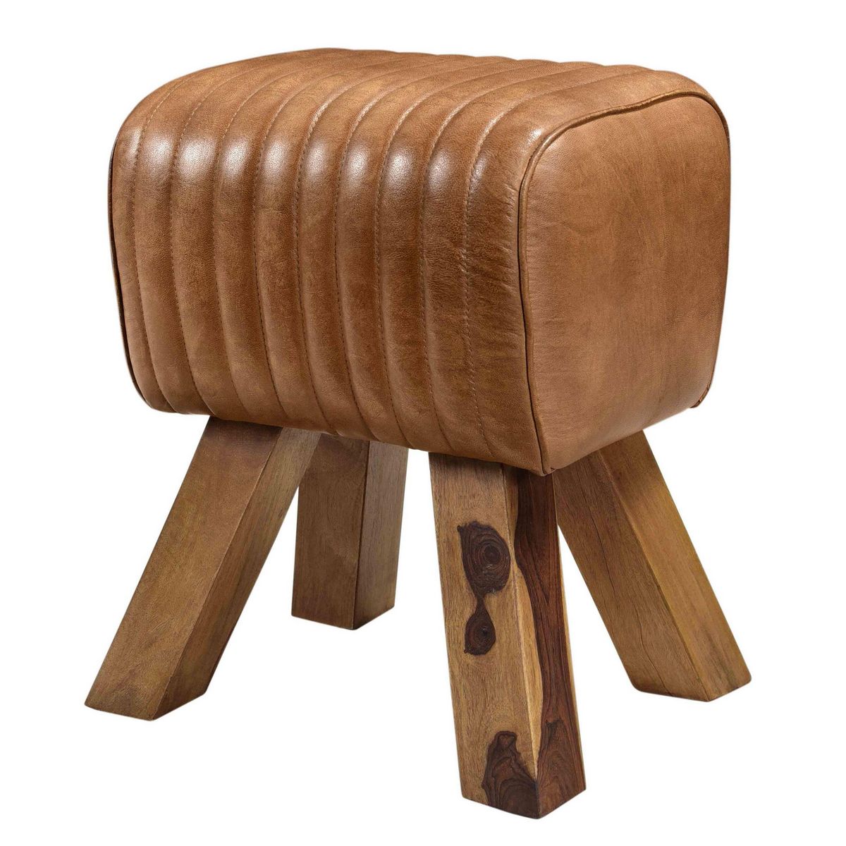 Rendez vous déco Tabouret en cuir marron et bois de manguier - Morena