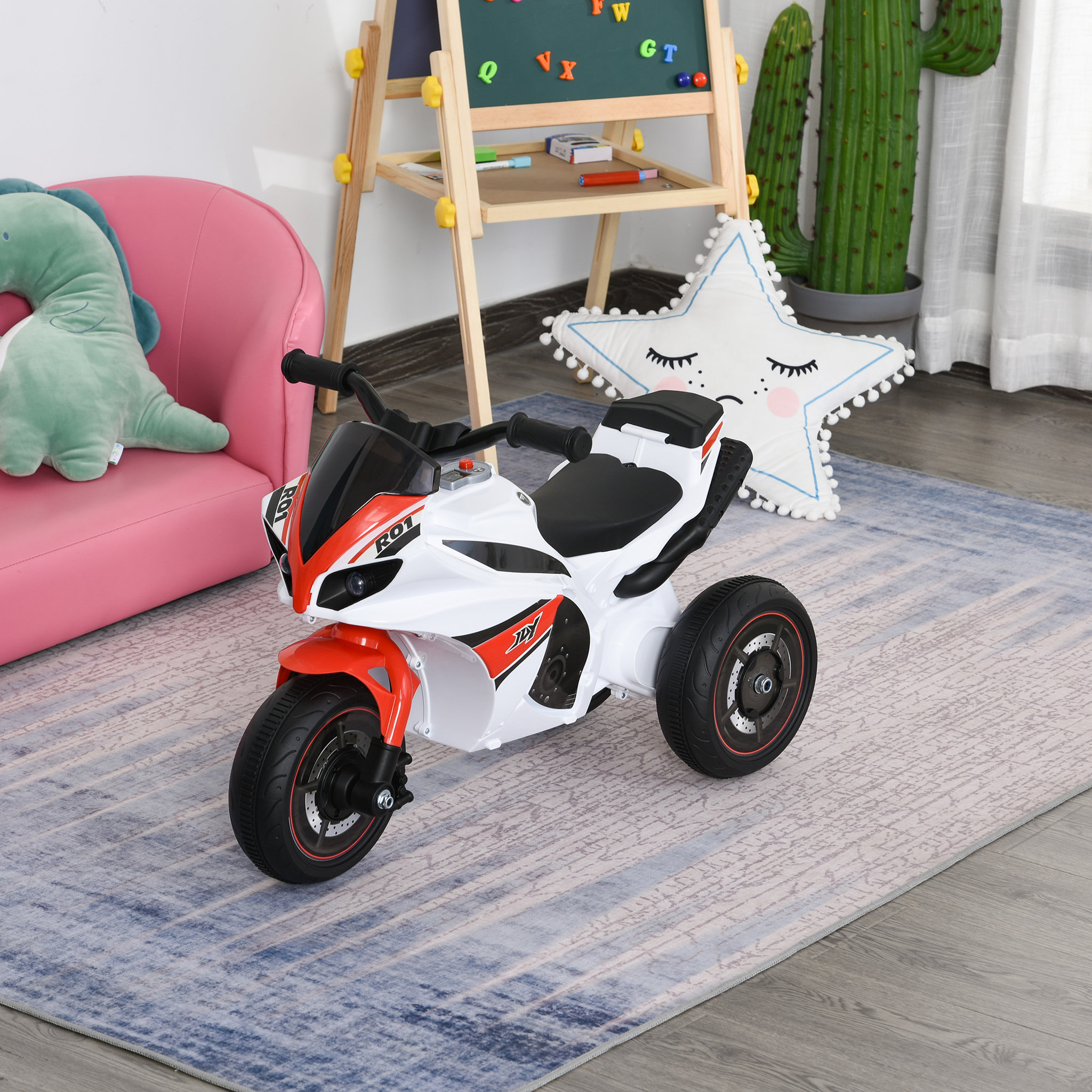 Voir la diapositive 2 : HOMCOM Porteur enfants moto de course effets musicaux et lumineux coffre rangement rouge blanc