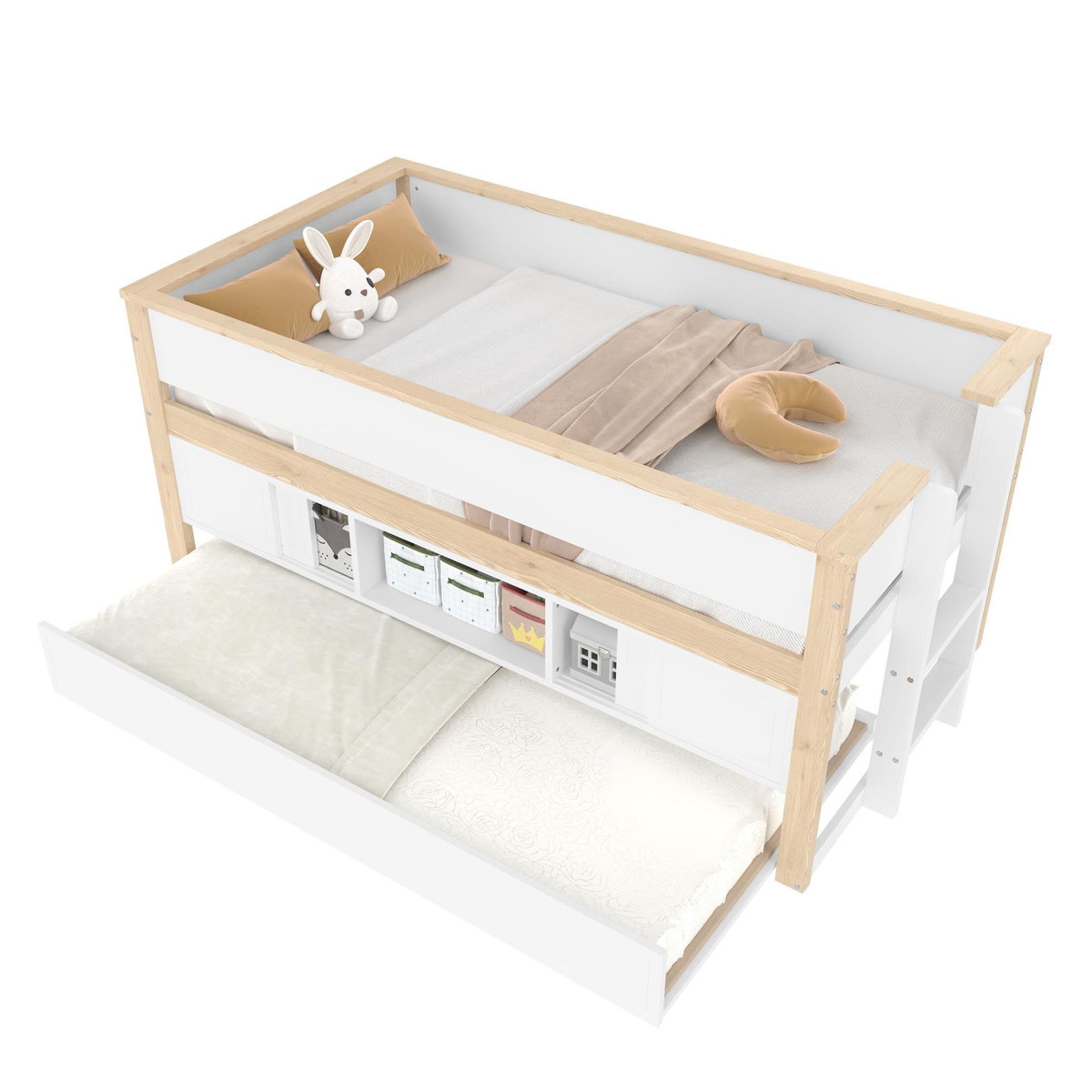 MERAX Lit enfant mi hauteur 90x200 cm coloris blanc+naturel pin