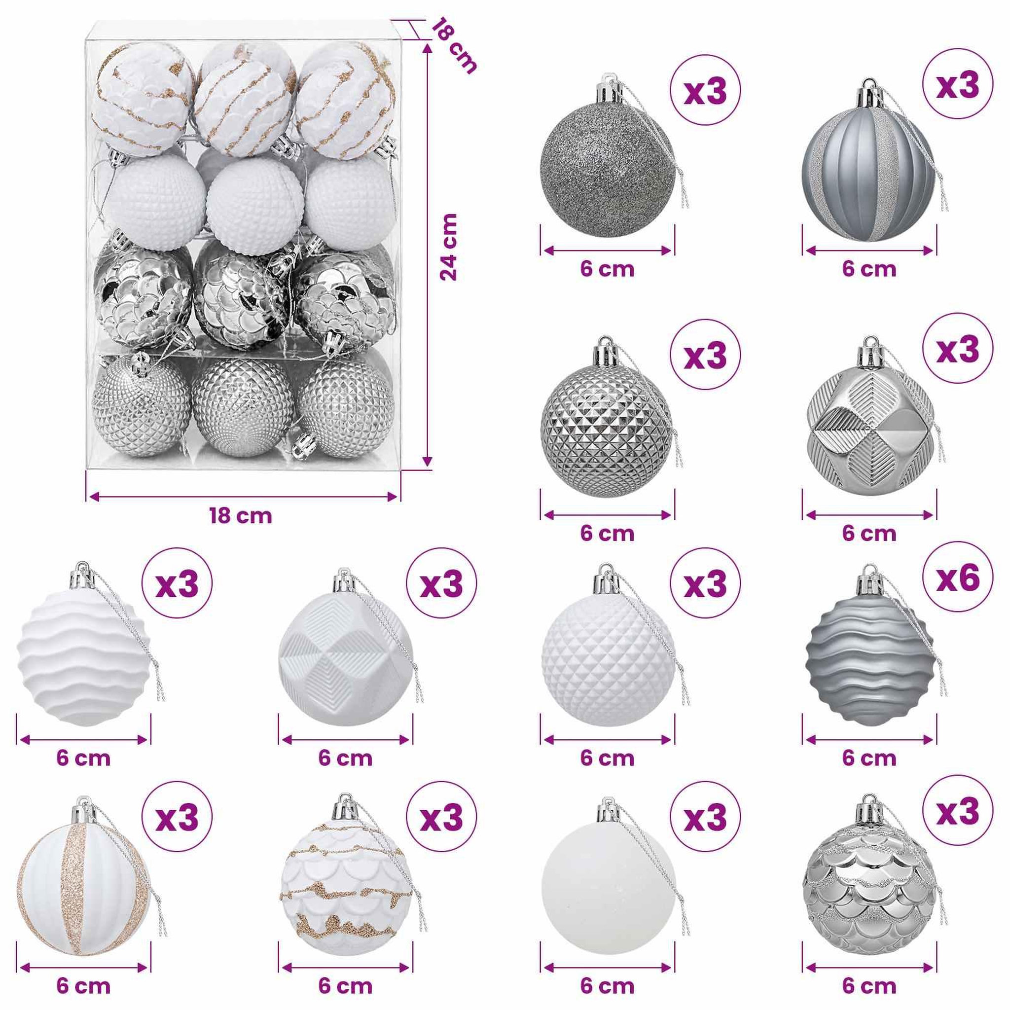 Voir la diapositive 3 : VIDAXL Ensemble de boules de Noël 36 pc Blanc et Gris Diam. 6 cm