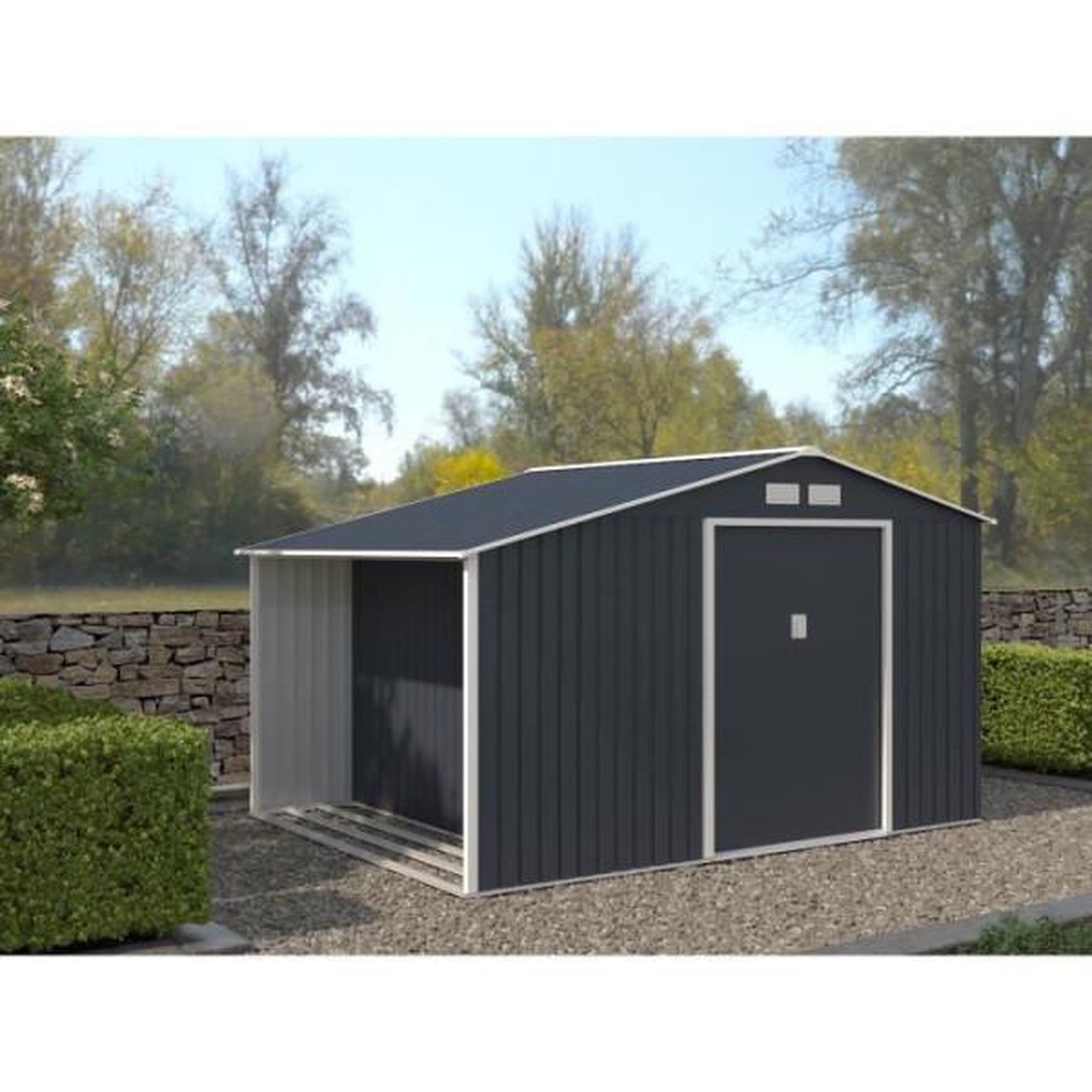 Voir la diapositive 2 : MARKET24 NOVA Abri de jardin en métal et abri bûches 8,72 m² - 342 x 255 x 202 - Kit d'ancrage inclus, 2 portes coulissantes - Gris