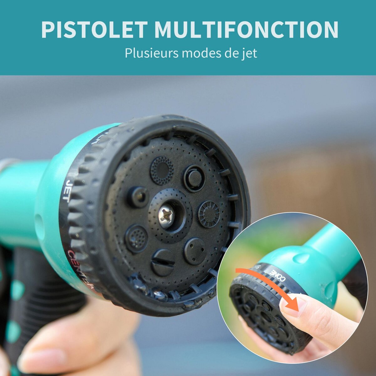 OUTSUNNY Dévidoir mural enrouleur automatique pivotant 180° tuyau 15 + 1,4 m avec lance arrosage support mural intégré turquoise gris