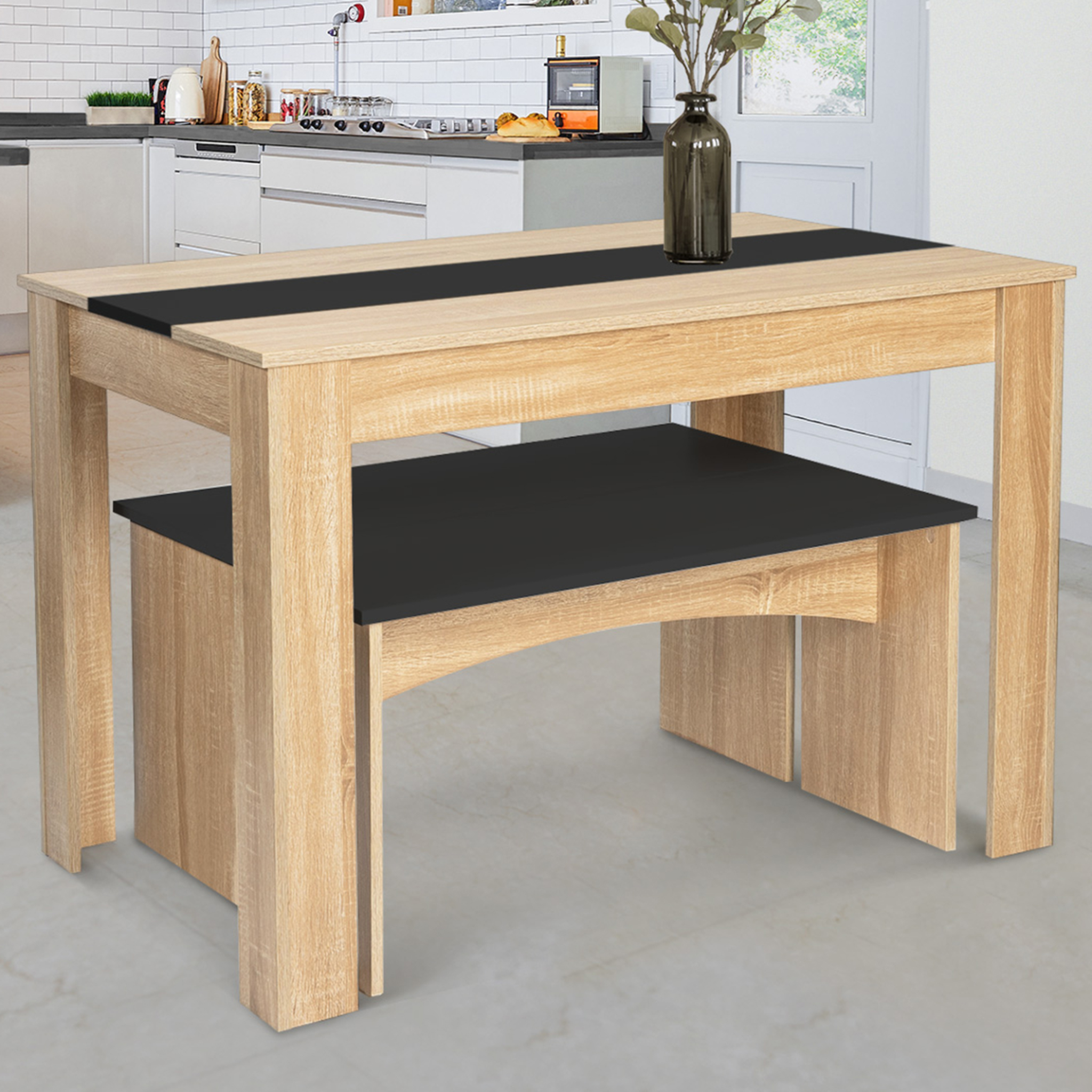 Voir la diapositive 4 : ID MARKET Ensemble table à manger et 2 bancs rozy 4 personnes façon hêtre et noir 110 cm