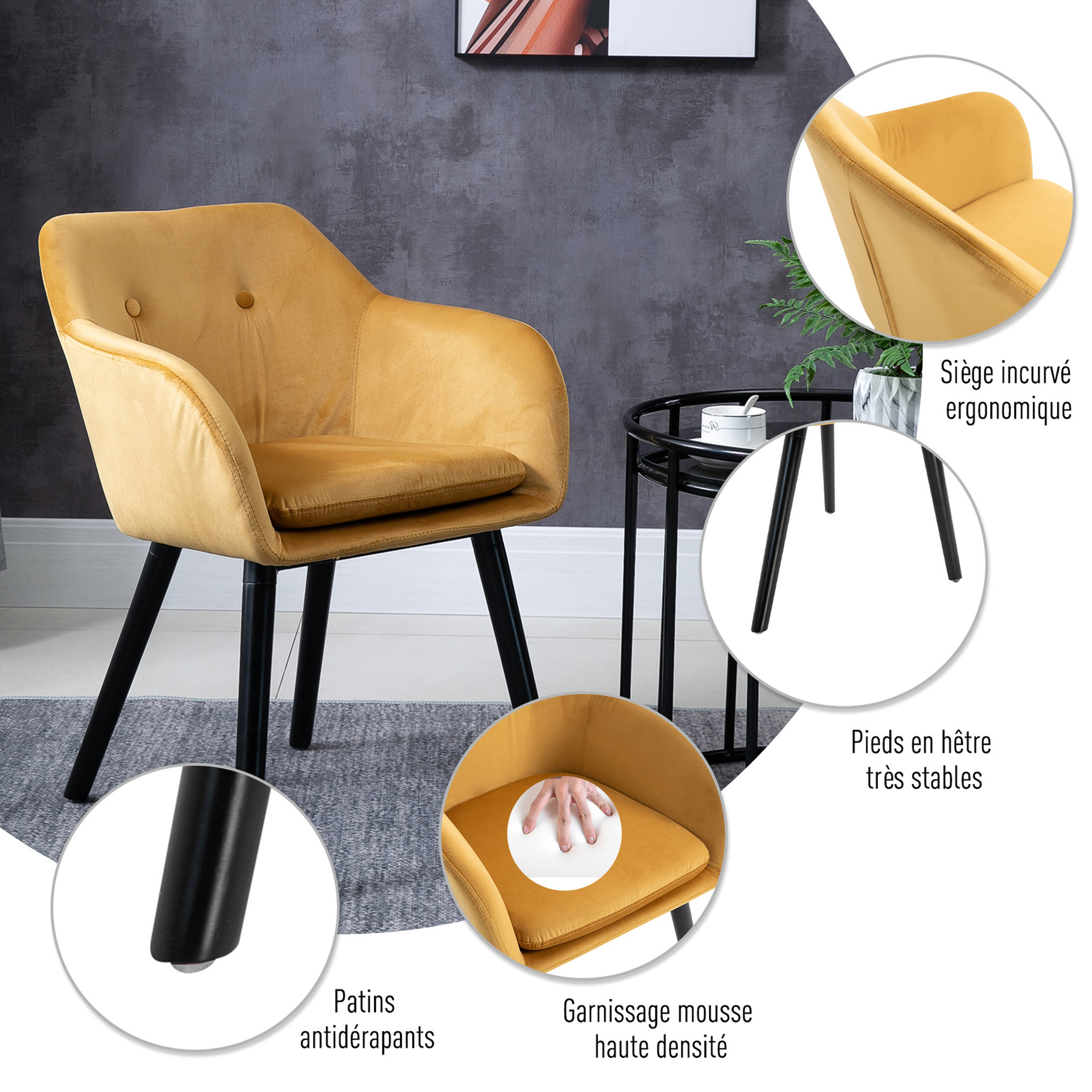 Voir la diapositive 5 : HOMCOM Chaises de visiteur design scandinave - lot de 2 chaises - pieds effilés bois noir - assise dossier accoudoirs ergonomiques velours moutarde