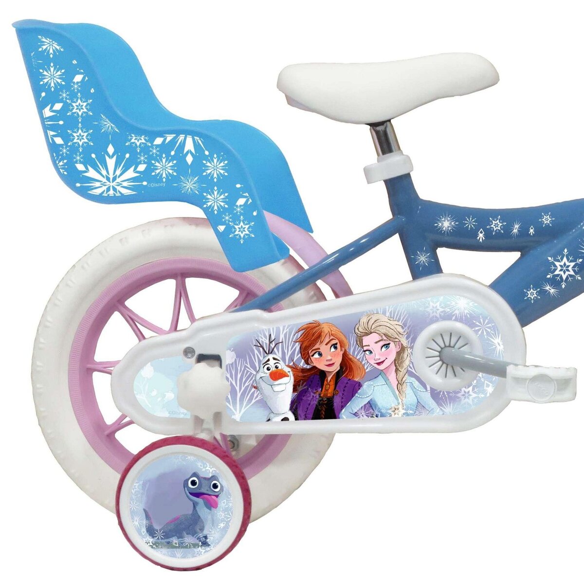 Disney La Reine des Neiges Vélo enfant 12'' - Modèle Reine des neiges + Casque - Idéal pour enfant de 85 à 100 cm - Livré avec stabilisateurs - 1 Frein - Panier avant - Porte poupée arrière et roues à bâtons