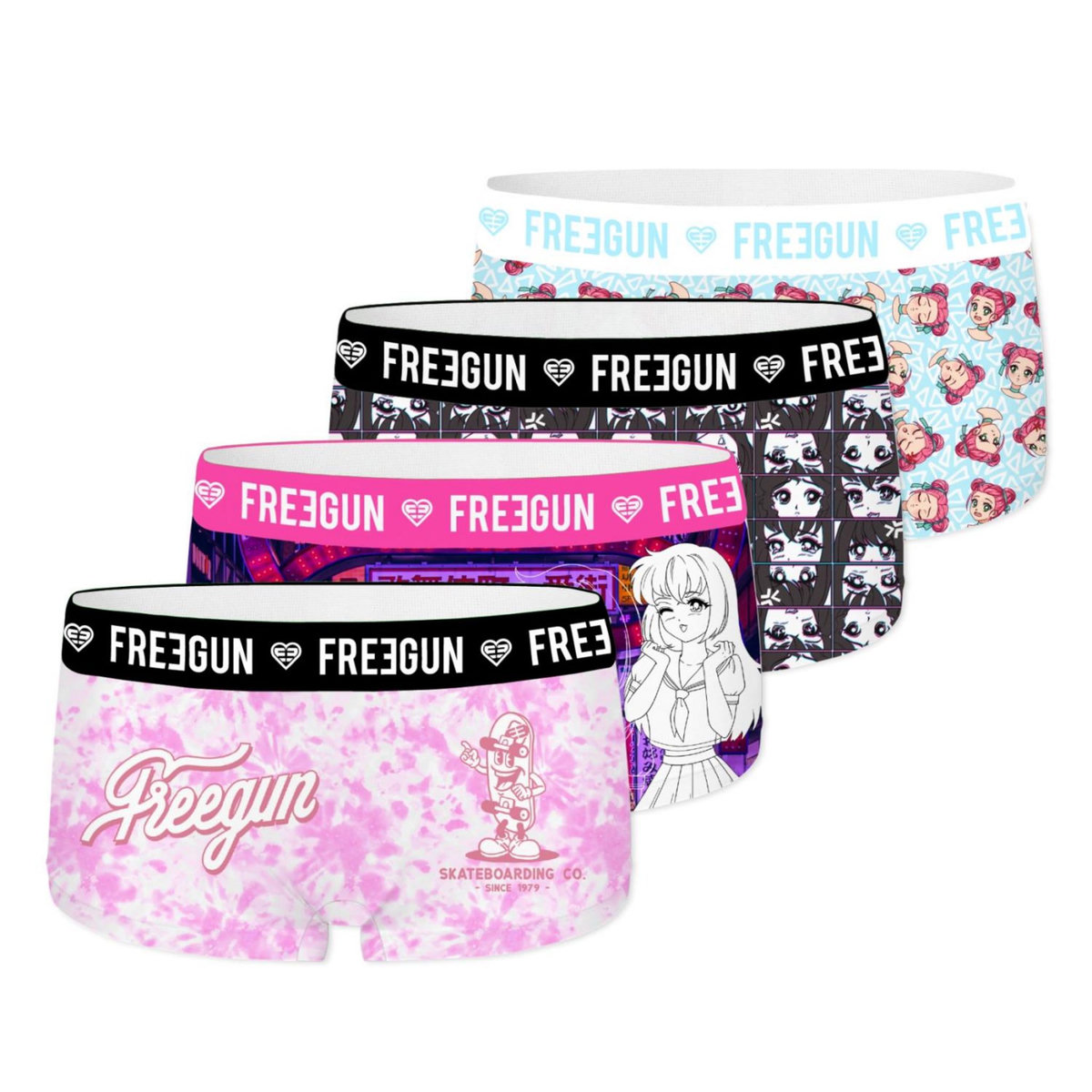 FREEGUN Lot de 4 shortys femme Manga Neon