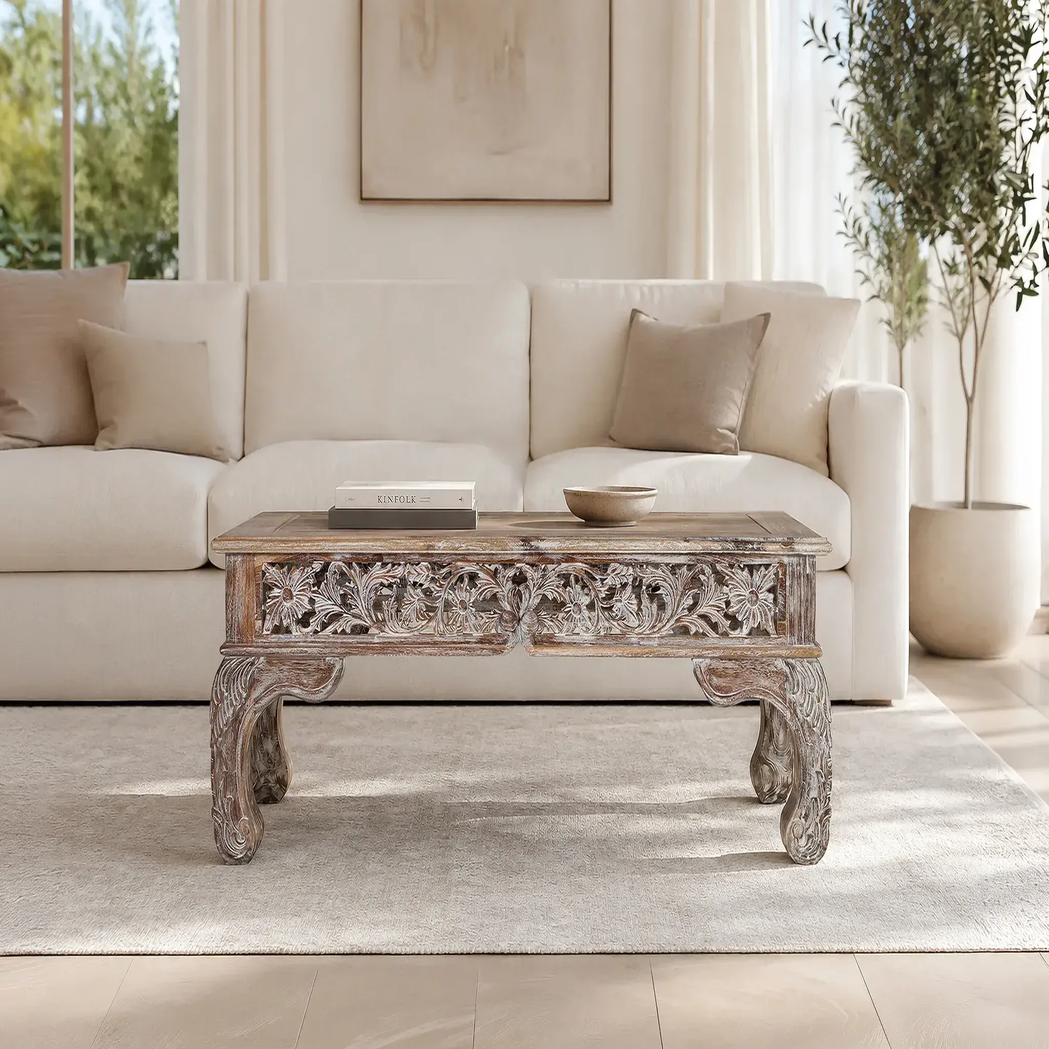 Voir la diapositive 2 : GINER Y COLOMER SL Table basse en bois de teck 120 cm style bohème sculpté