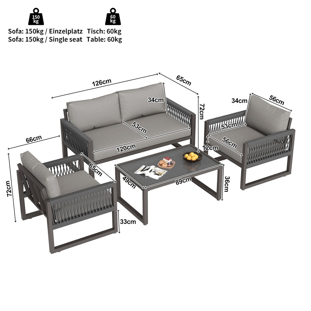 MERAX Salon de jardin 4 places en acier avec table verre lisse, pieds réglables, coussins