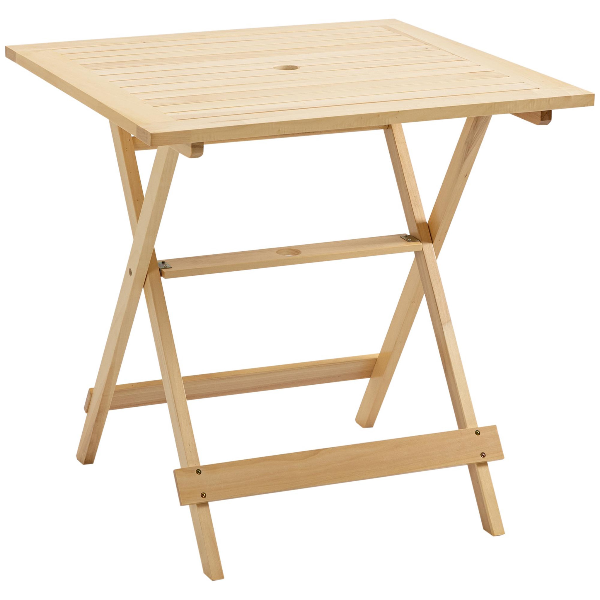 Voir la diapositive 1 : OUTSUNNY Table de jardin camping pliable plateau à lattes dim. 70L x 70l x 70H cm espace parasol bois sapin pré-huilé