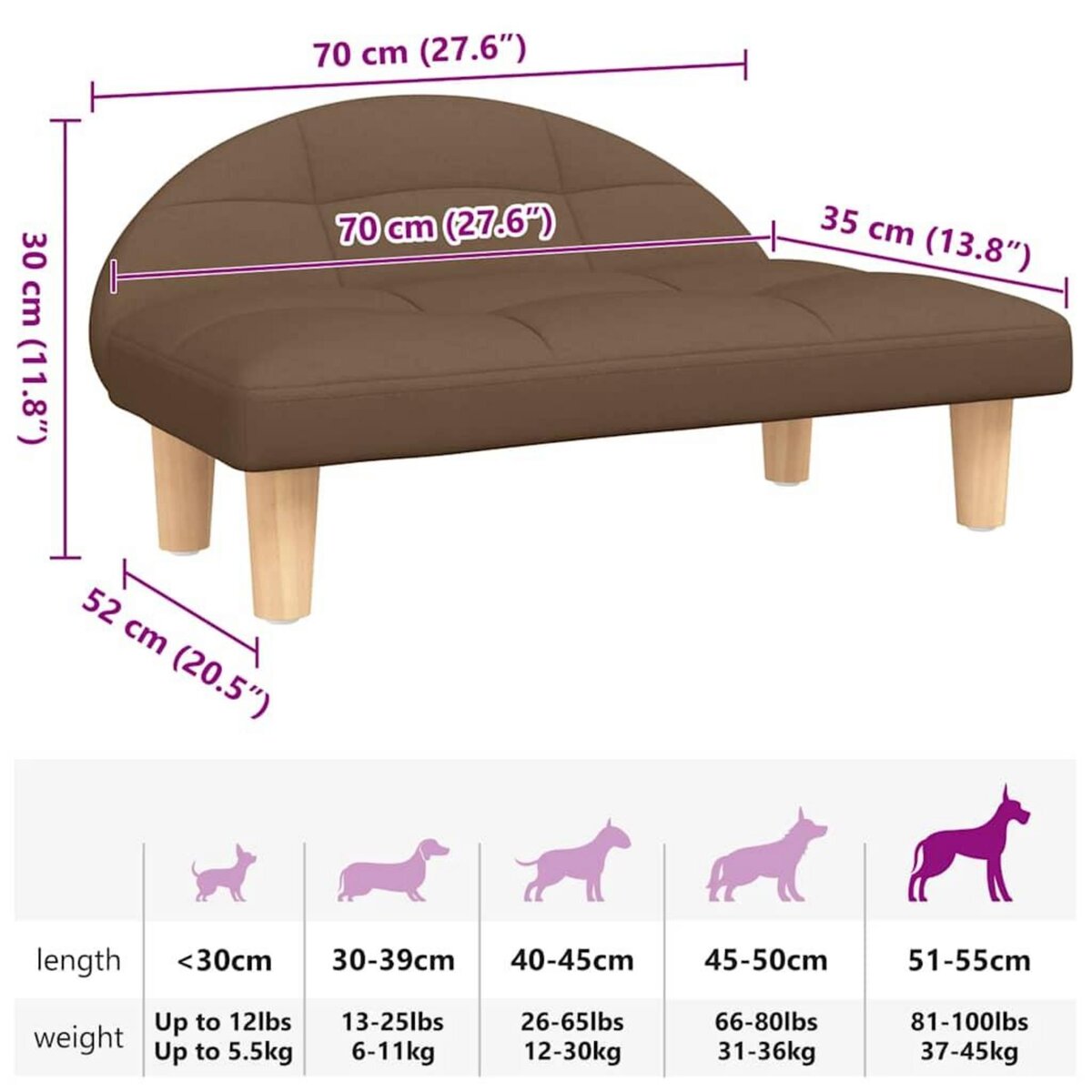 VIDAXL Lit pour chien marron 70x52x30 cm tissu