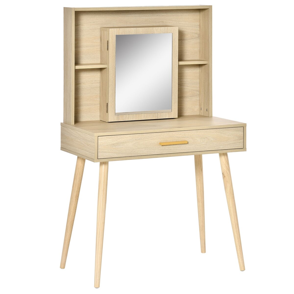 HOMCOM Coiffeuse design scandinave - table de maquillage - grand tiroir, 3 étagères, 2 niches, placard porte miroir - piètement hévéa panneaux particules aspect chêne clair