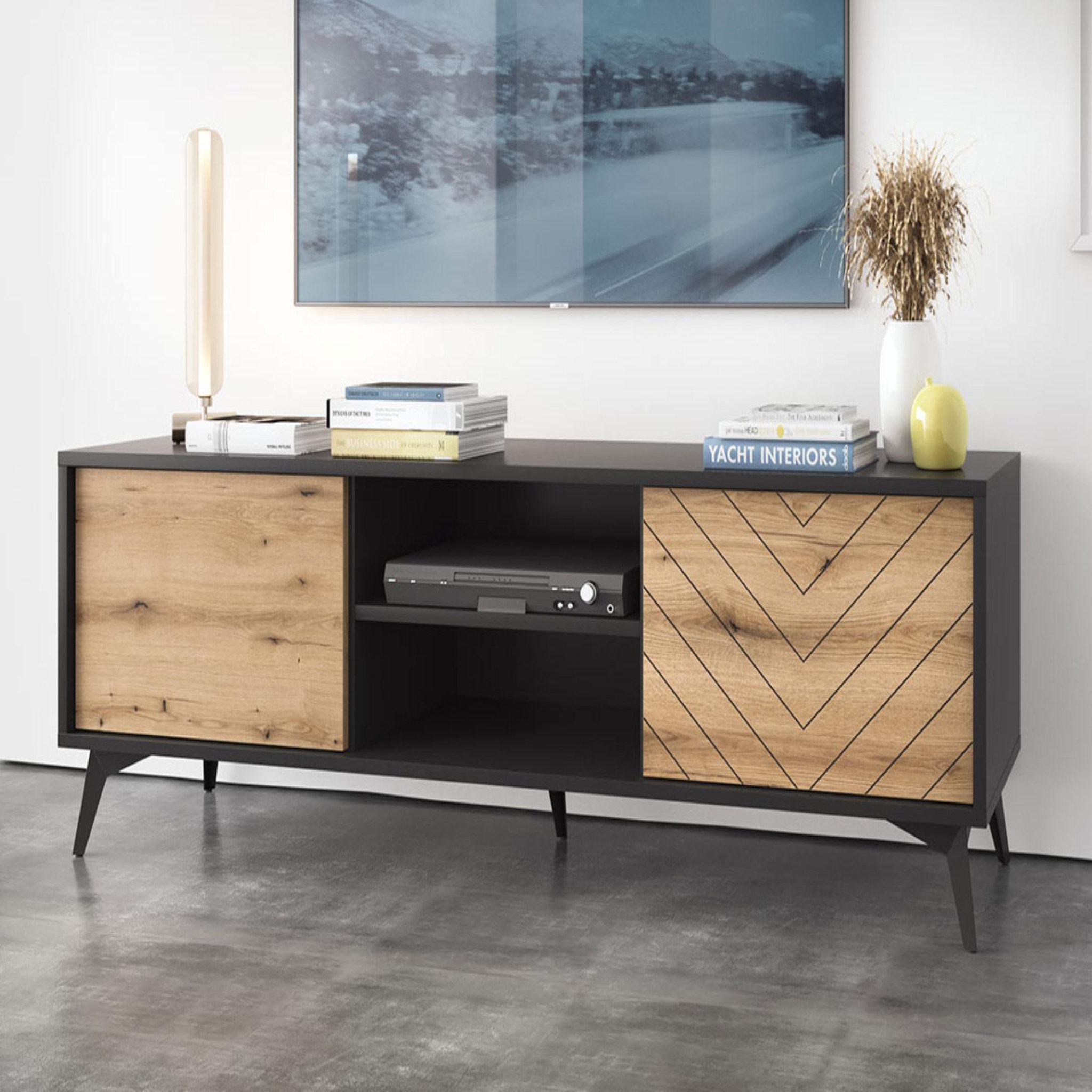 Voir la diapositive 1 : BEST MOBILIER Peter - meuble tv - effet bois et noir - 154 cm - style industriel