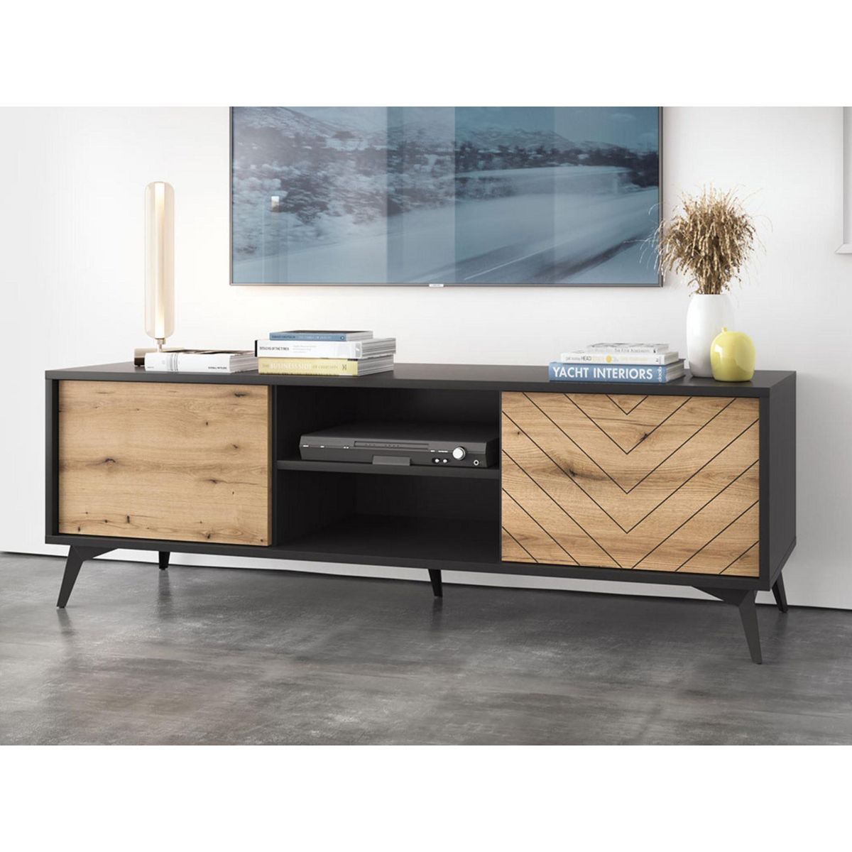 BEST MOBILIER Peter - meuble tv - effet bois et noir - 154 cm - style industriel