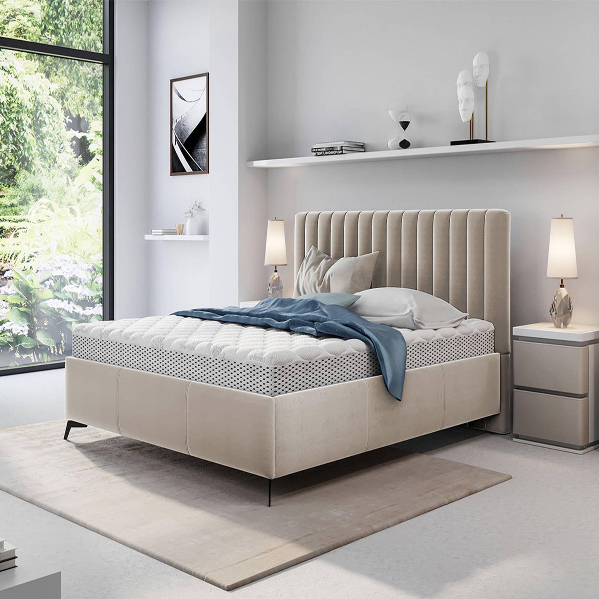 BEST MOBILIER Mendoza - lit coffre - 180x200 - sommier inclus - en velours. Coloris disponibles : Bleu, Vert, Gris, Beige