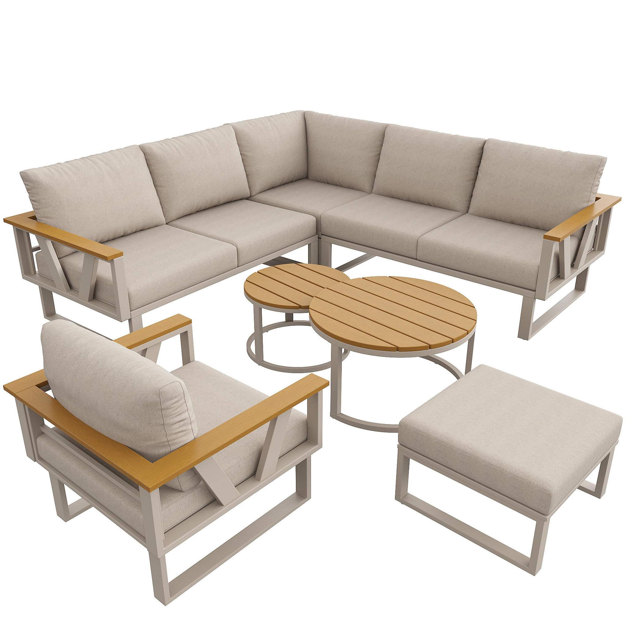 Voir la diapositive 1 : MERAX Salon de jardin 6 places en métal avec canapé d'angle, 2 tables basses en bois, fauteuils et coussins