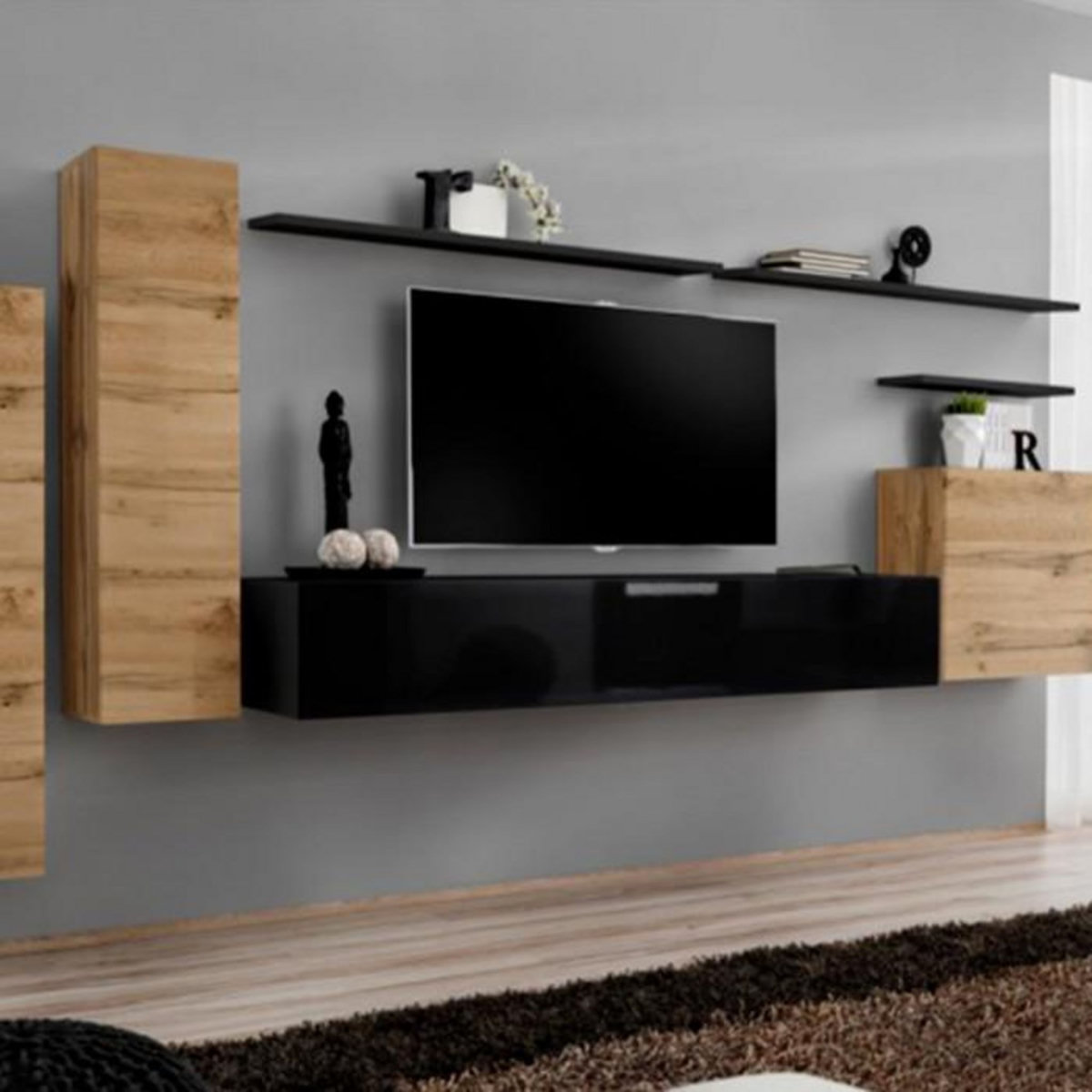 Paris Prix Meuble TV Mural Design  Switch I  330cm Naturel & Noir