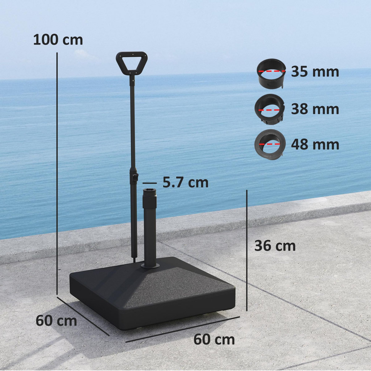 OUTSUNNY Pied de parasol avec poignée ajustable et roulettes - lestage eau sable - dim. 60 x 60 x 100 cm - HDPE noir