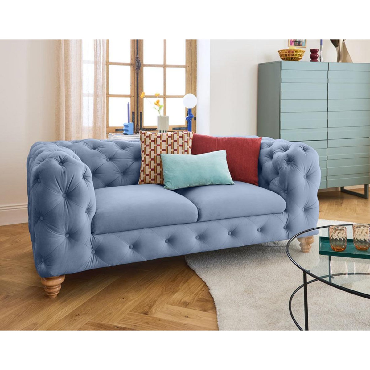 LISA DESIGN Walter - canapé 2 places chesterfield en velours - pieds bois