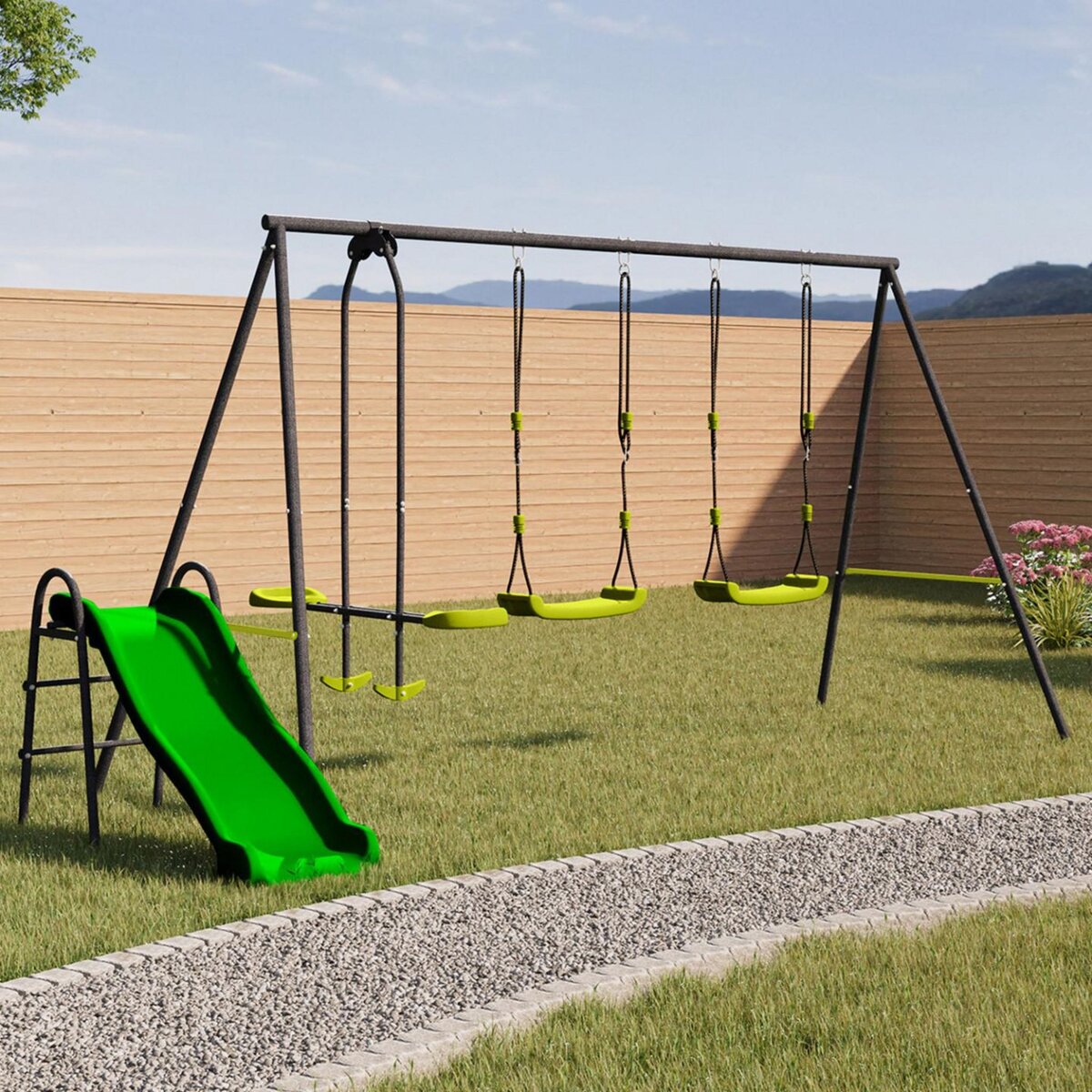 ID MARKET Balançoire 3 agrès portique avec 2 balançoires, 1 face à face et toboggan