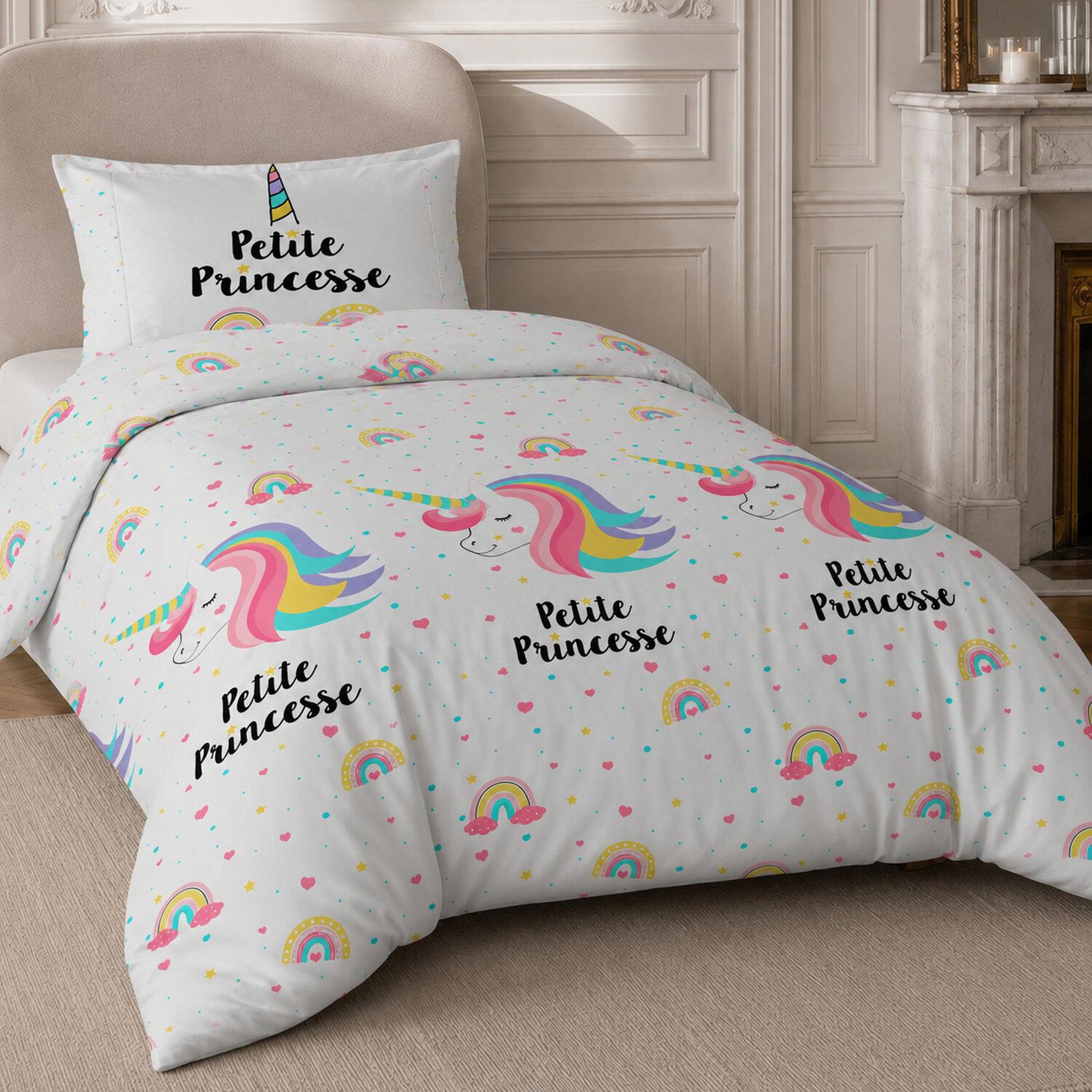 Voir la diapositive 2 : Home collection Parure de lit enfant 100% coton - licorne - 140x200 cm
