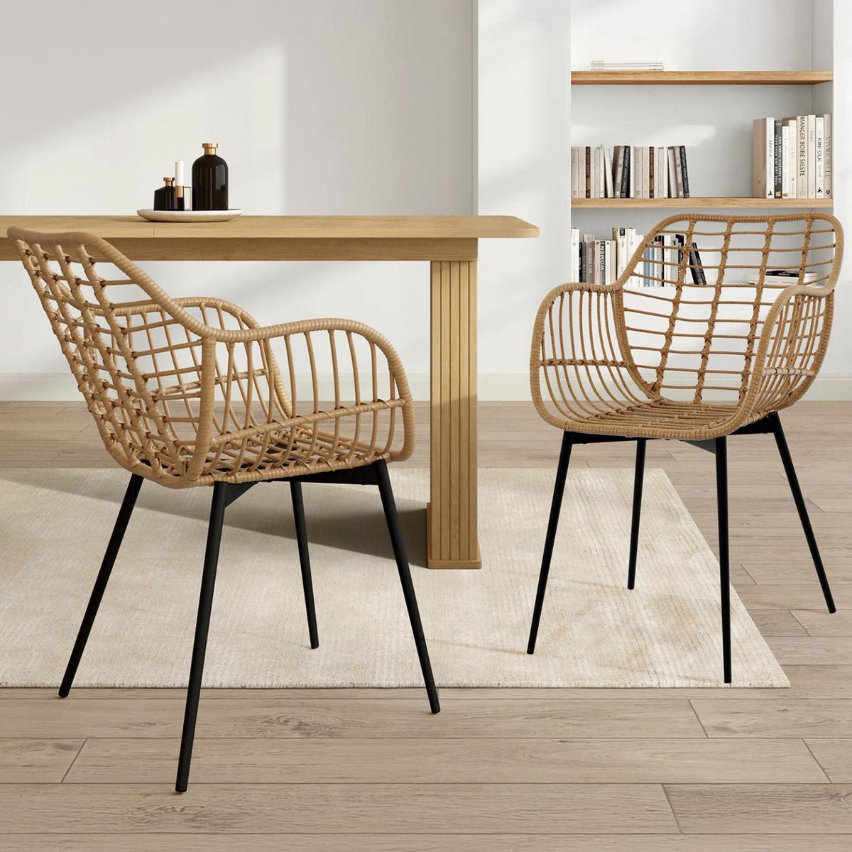 ID MARKET Lot de 2 chaises de salle à manger, fauteuils de table SUMMER effet rotin pied métal noir