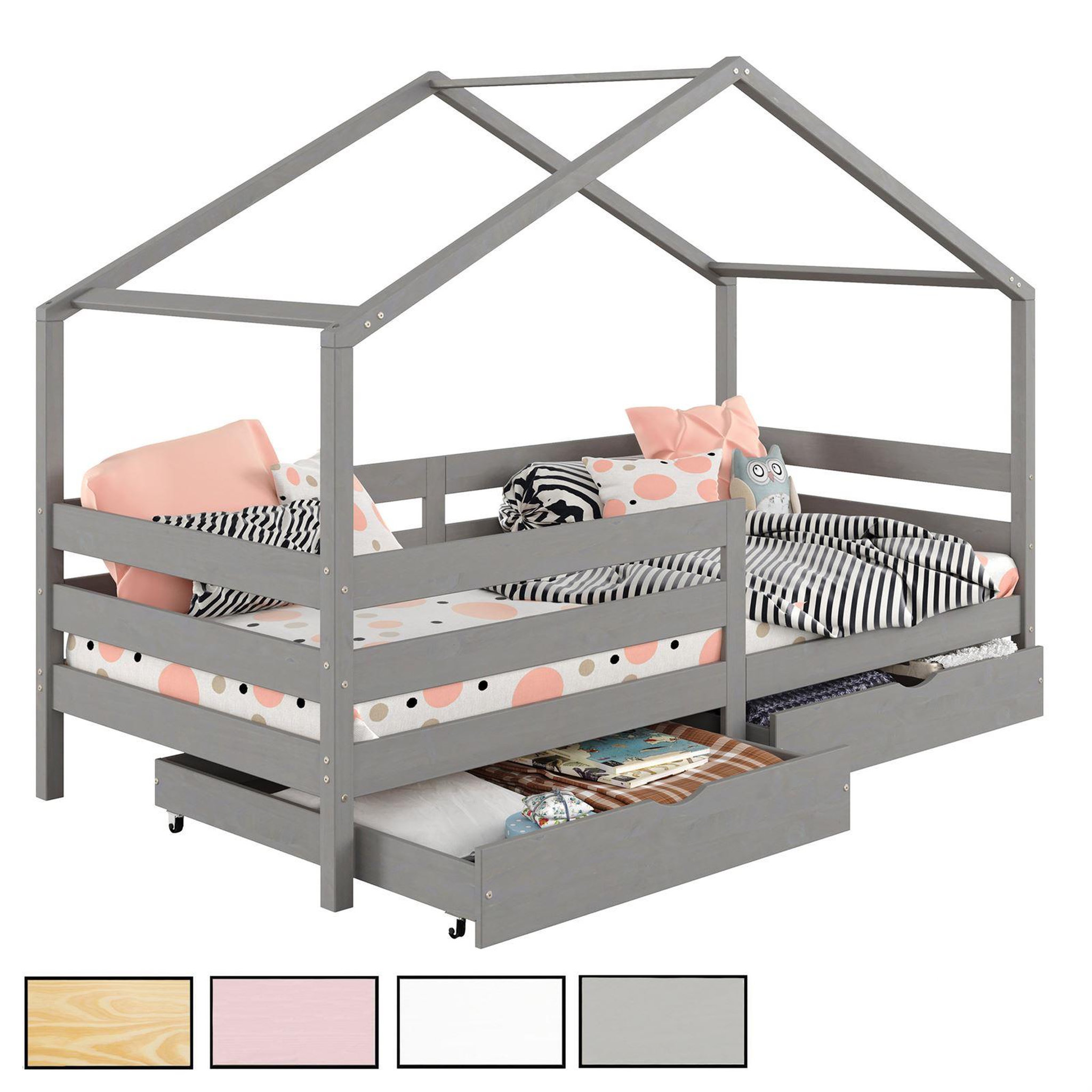 IDIMEX Lit cabane ENA avec tiroirs, 90 x 200 cm en pin massif. Coloris disponibles : Marron, Blanc