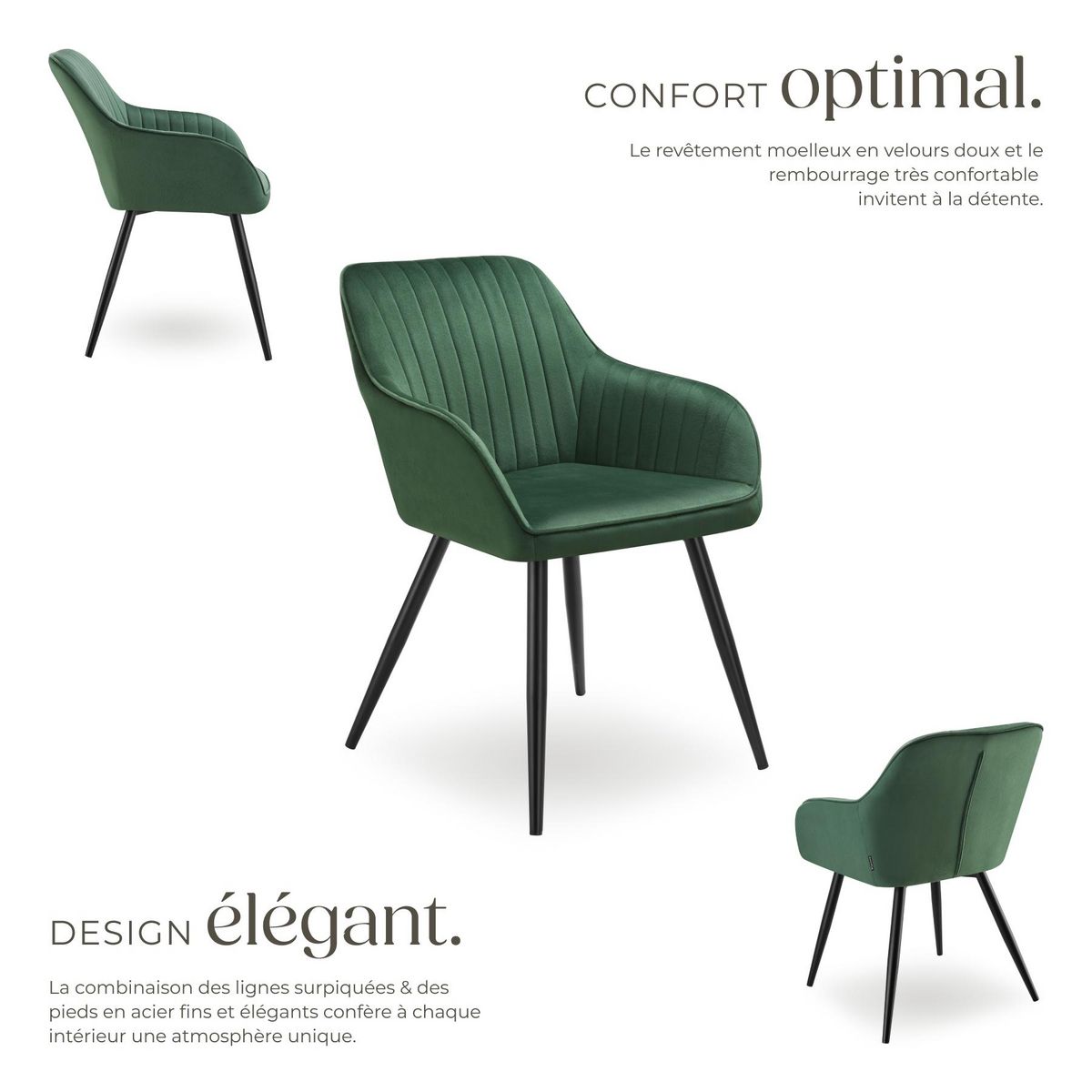 tectake Chaise de salle à manger en velours matelassée et capitonnée vert foncé/noir Lot de 2