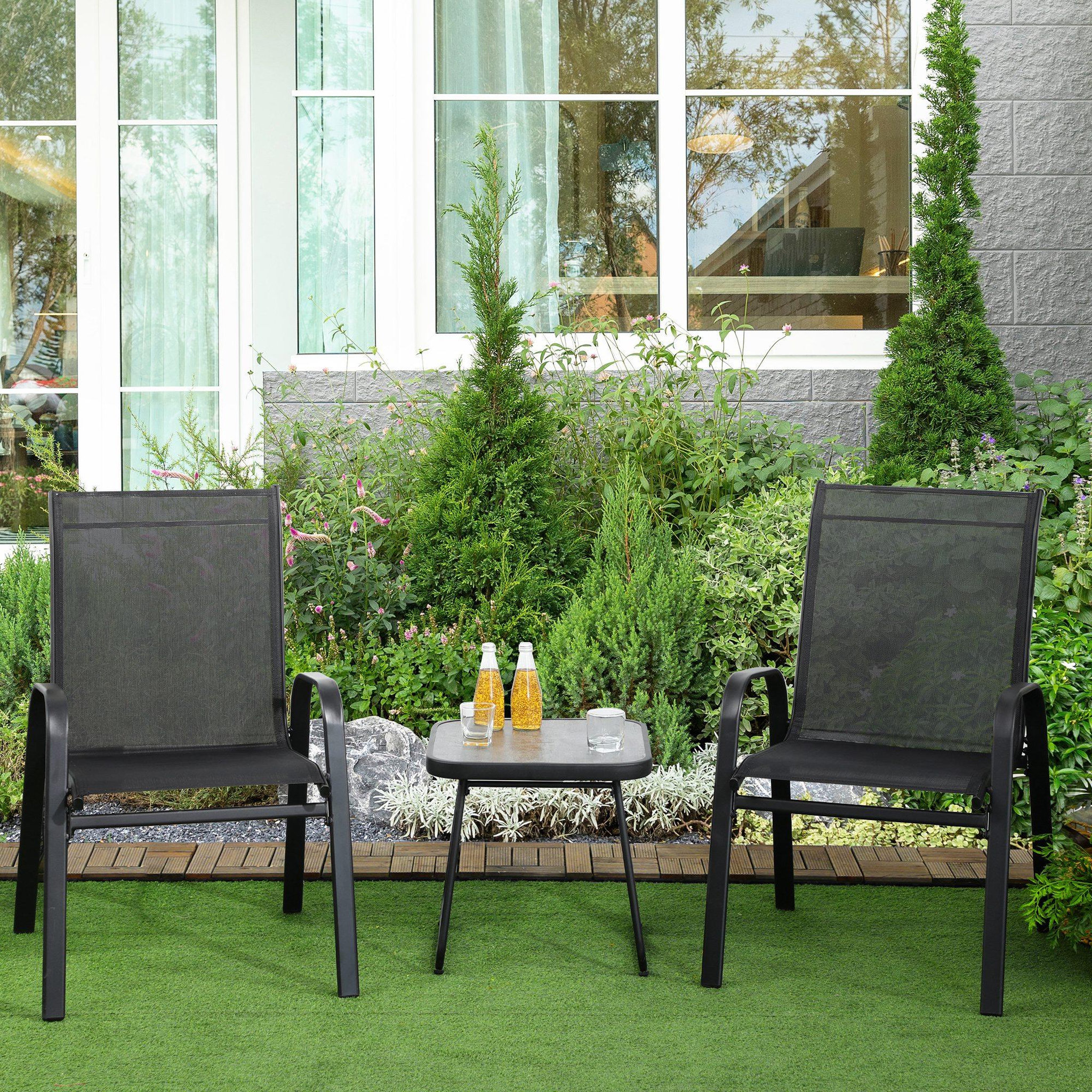 Voir la diapositive 2 : OUTSUNNY Salon de jardin bistro 2 personnes 3 pièces - plateau effet béton ciré acier époxy textilène noir
