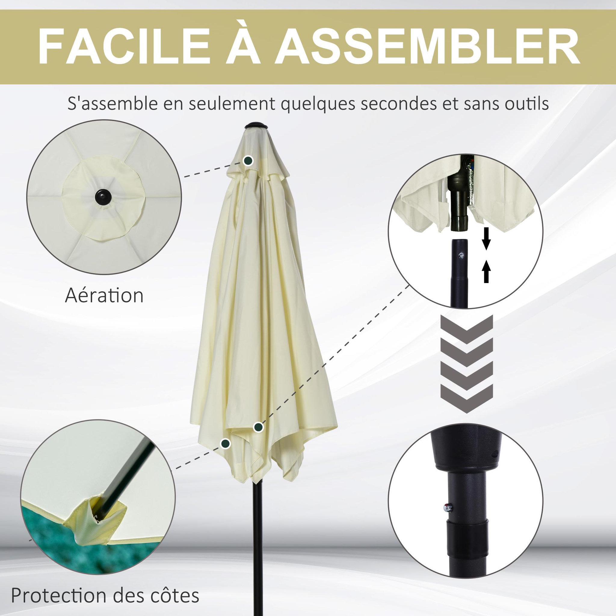 Voir la diapositive 6 : OUTSUNNY Parasol inclinable de jardin balcon terrasse manivelle toile polyester imperméabilisée haute densité 180 g/m² Ø2,7 x 2,35H m alu crème