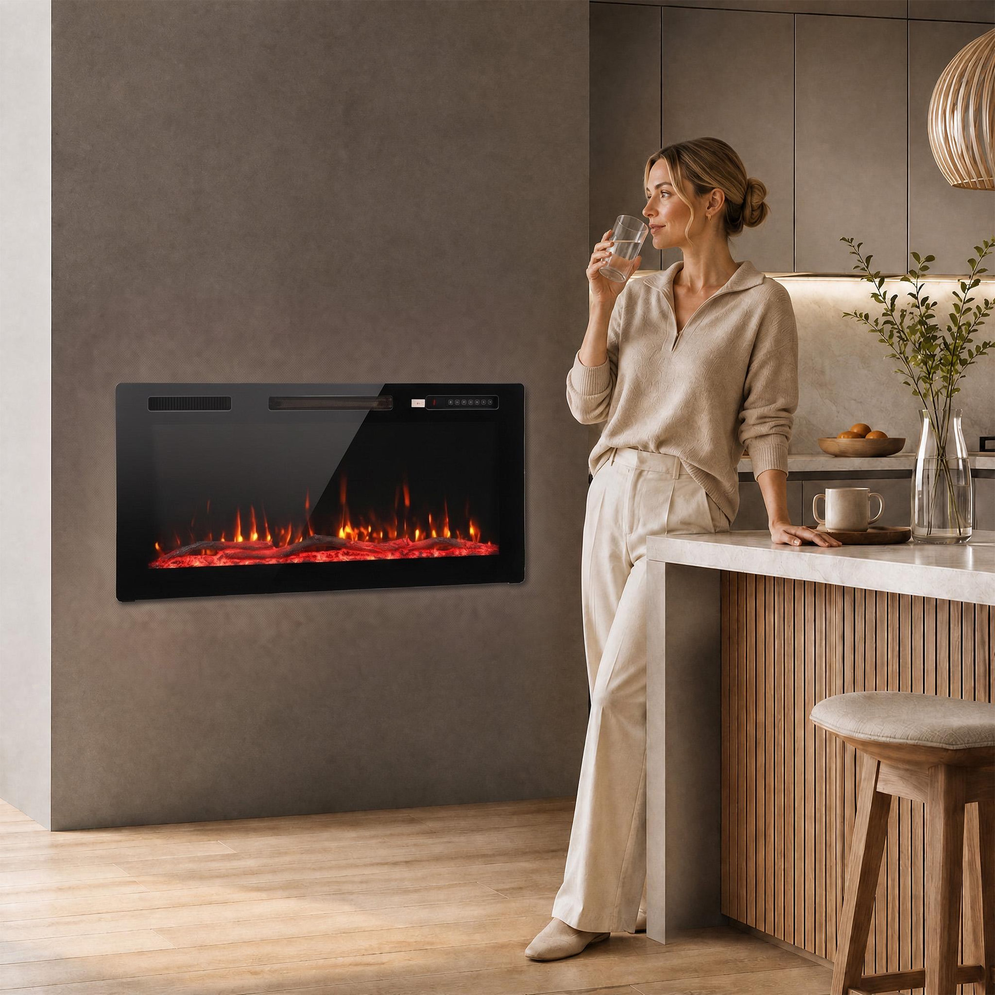 Voir la diapositive 2 : HOMCOM Cheminée électrique design extra-plat sur pieds effet flammes 3D télécommande