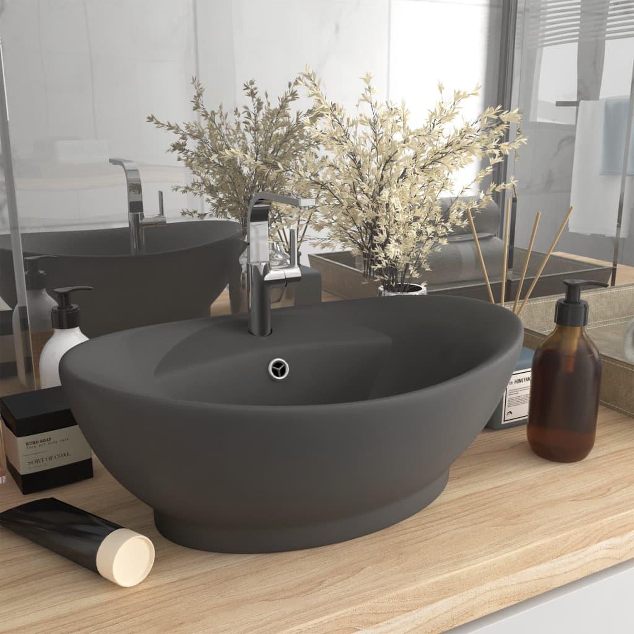 Voir la diapositive 1 : VIDAXL Lavabo ovale a trop-plein Gris fonce mat 58,5x39 cm Ceramique