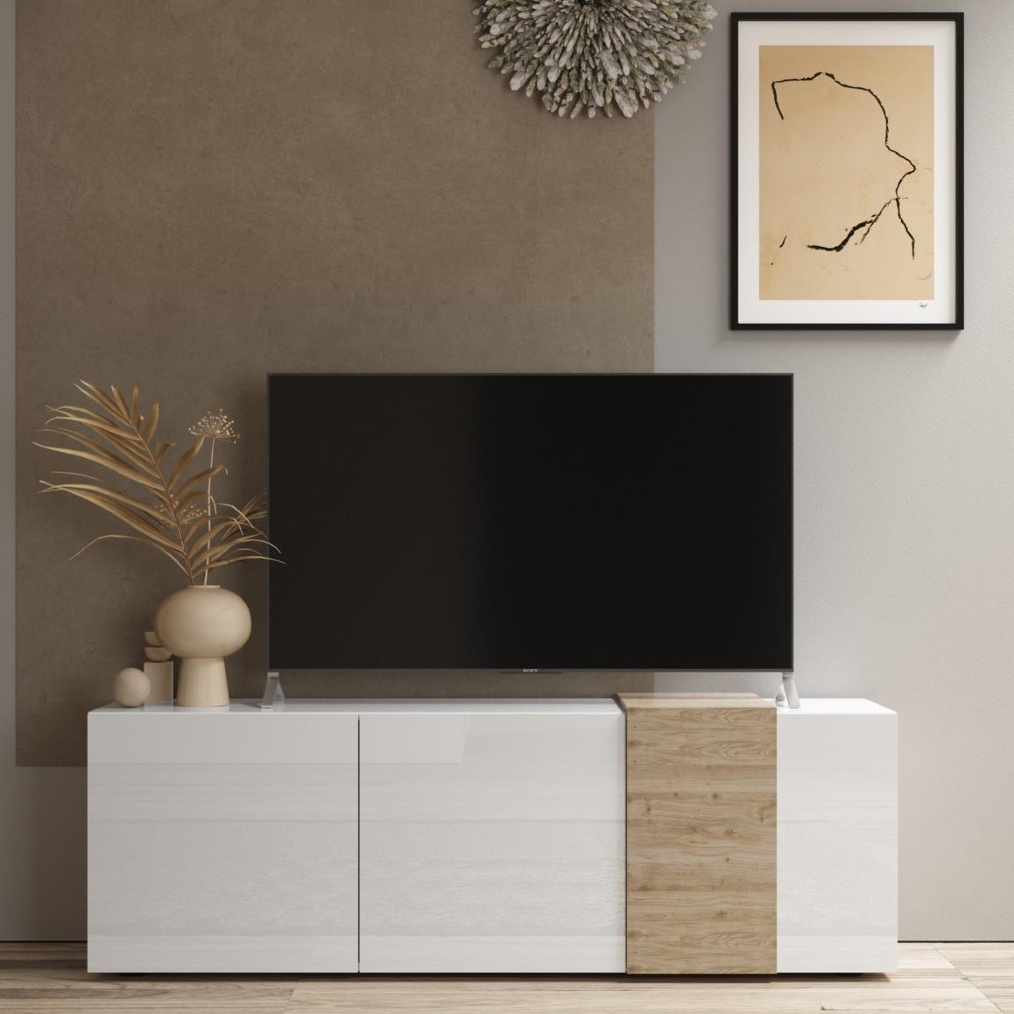 Voir la diapositive 2 : JLC KREATION Meuble tv moderne bois et blanc 3 portes sia