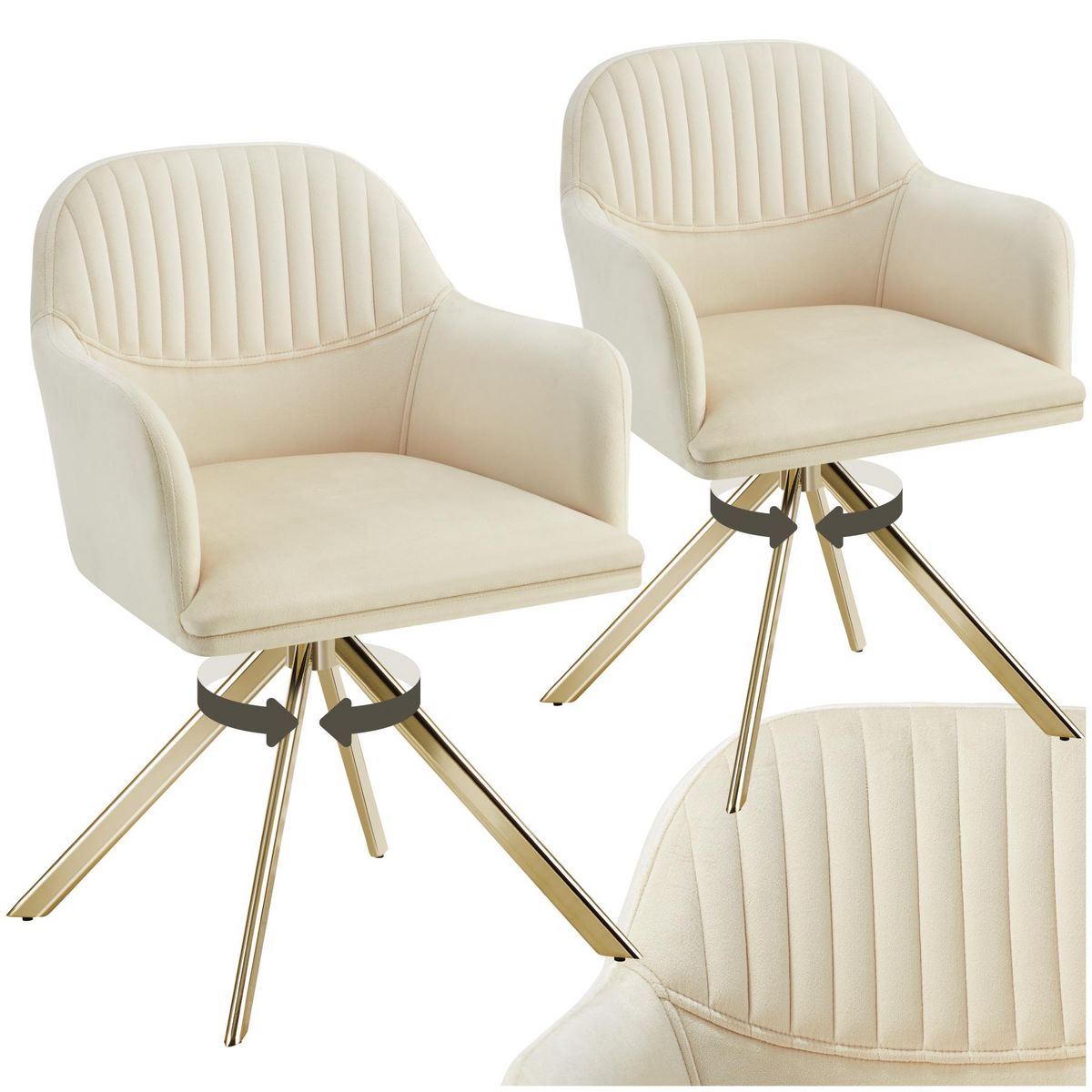 tectake Chaise pivotante en velours rembourrée crème/or Lot de 2